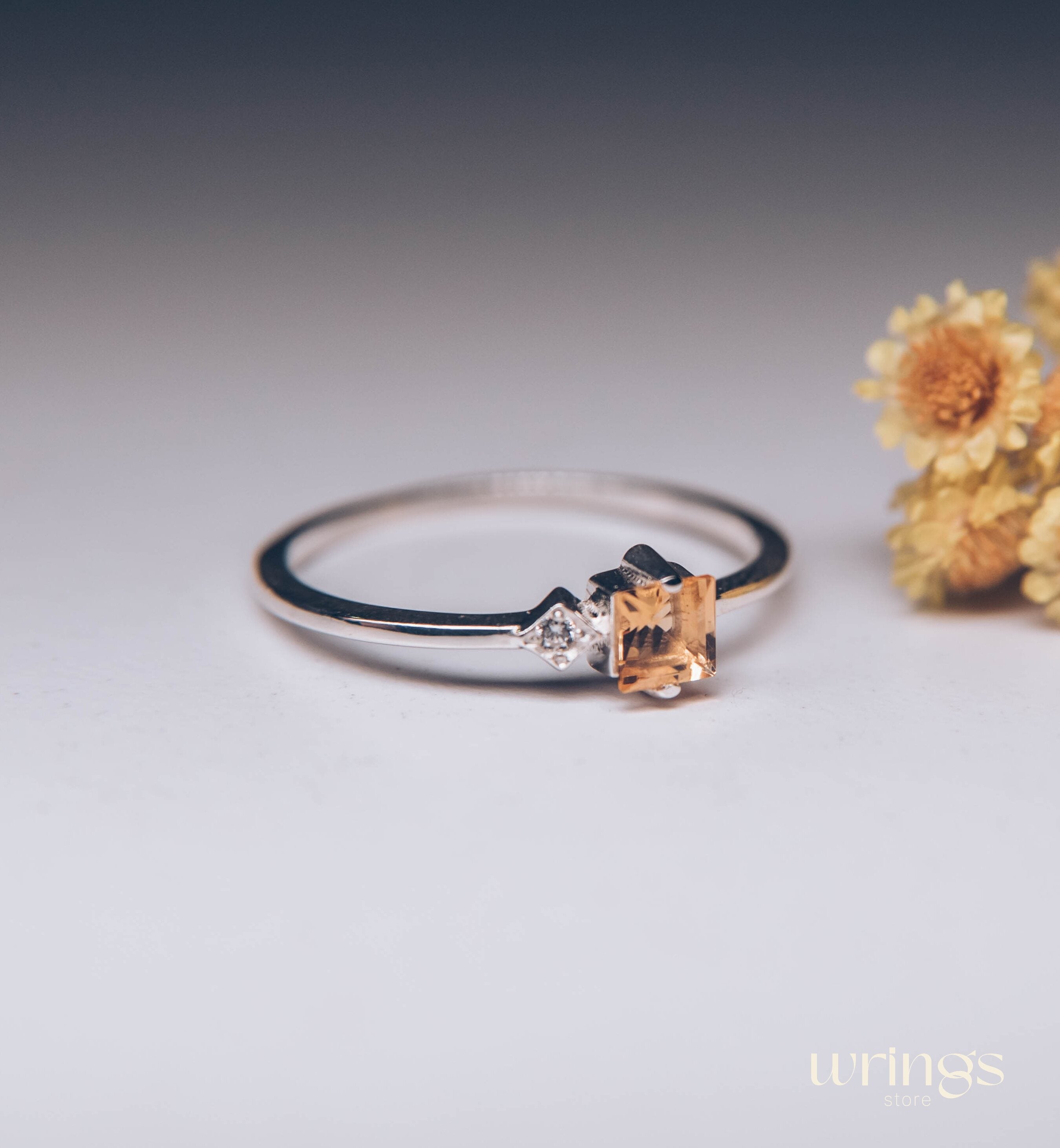 Square Citrine Silver Ring & Side White Stone