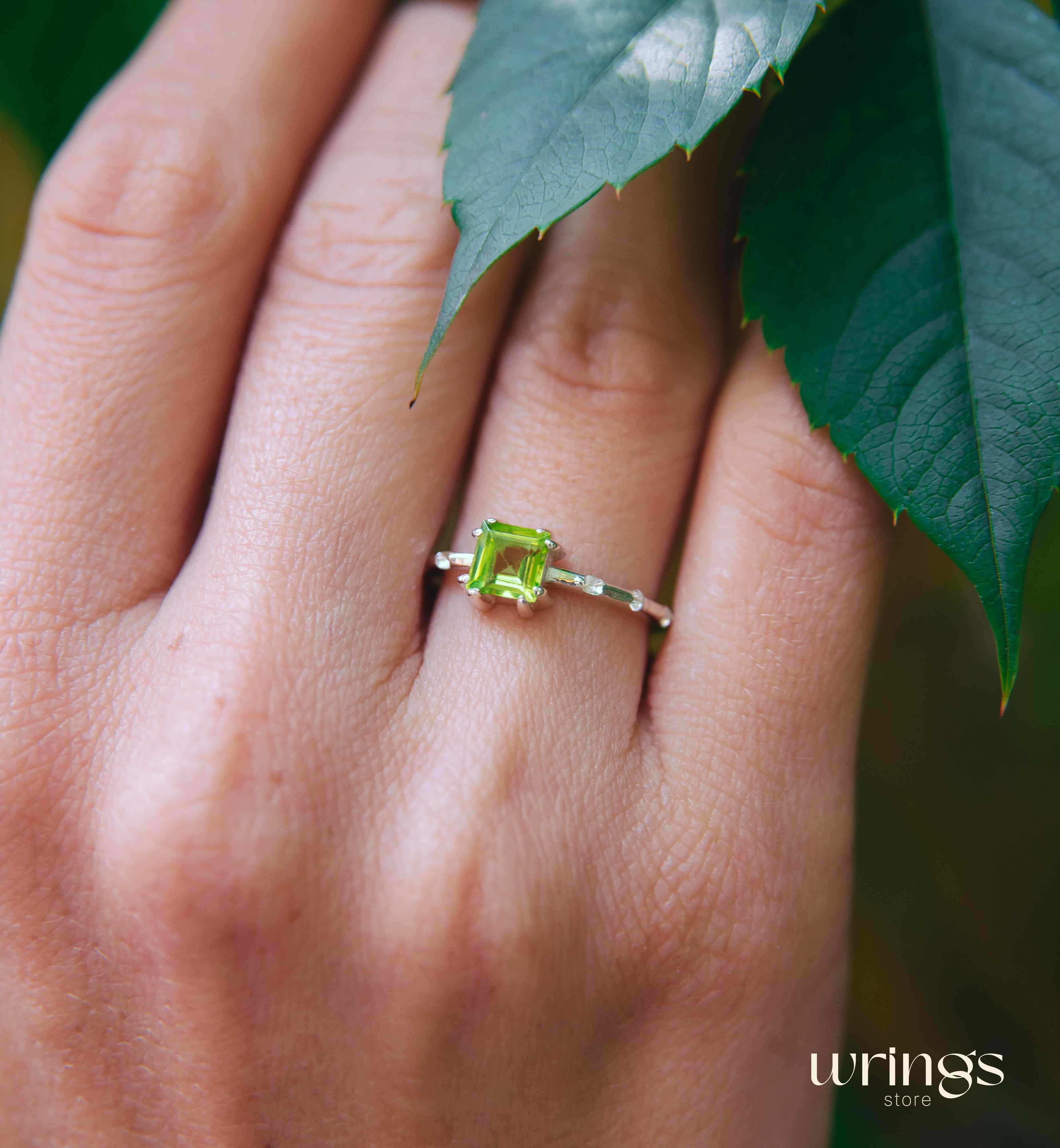 Central Square Peridot Side Stone Engagement Ring Silver