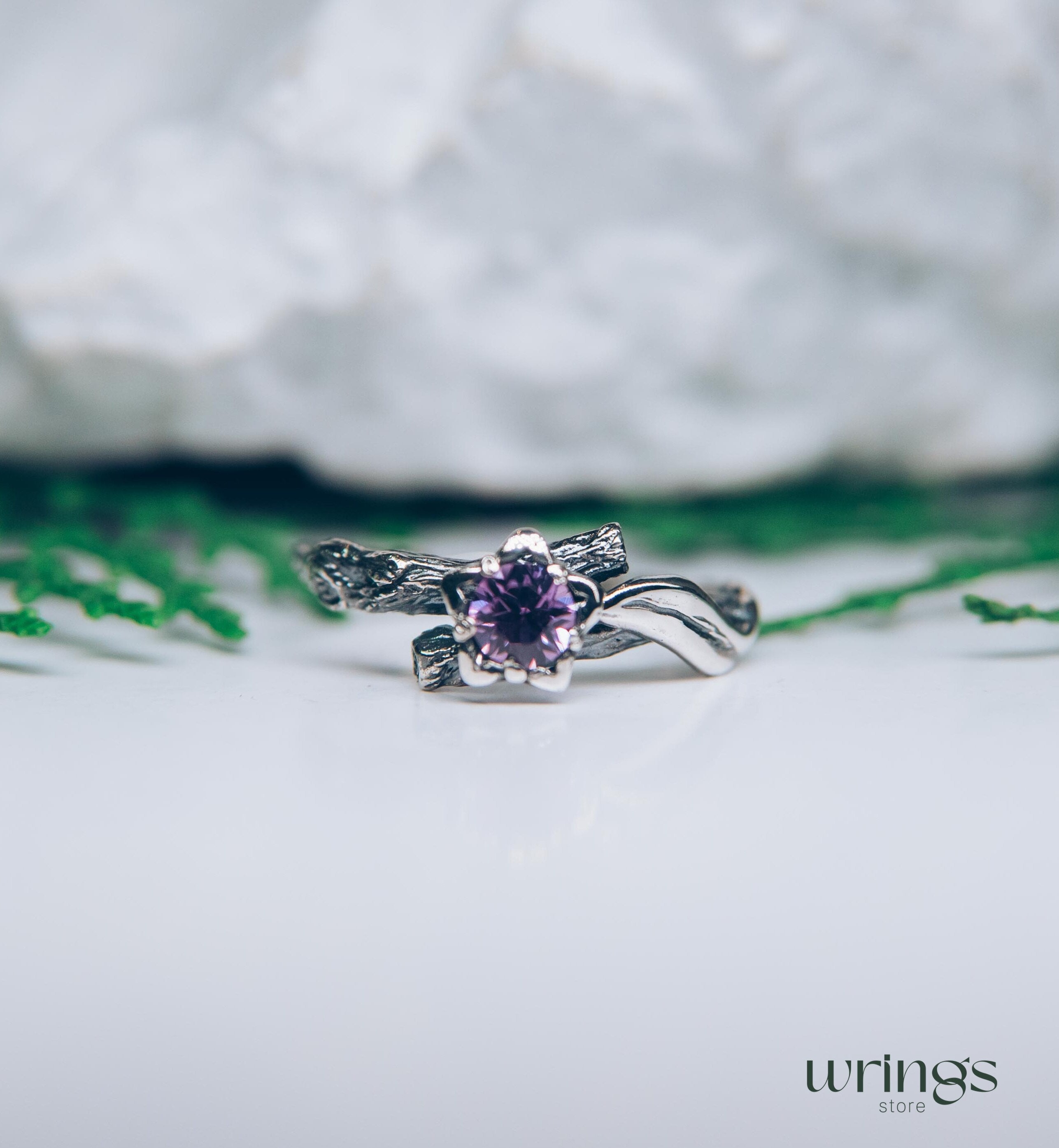 Lilac Amethyst Flower on a Silver dainty Twig Ring for Her