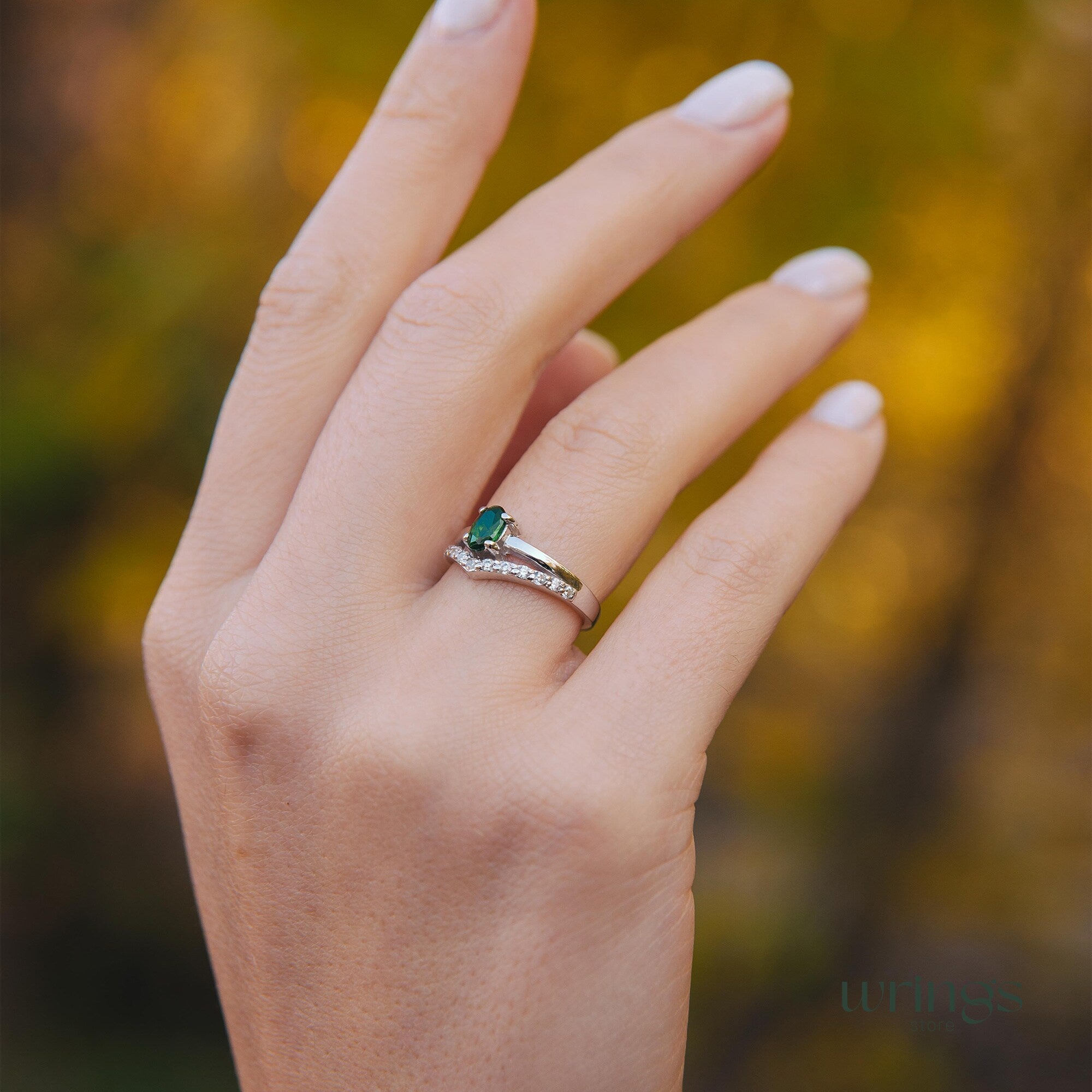 Vertical Oval Emerald V Engagement Ring Silver with CZ