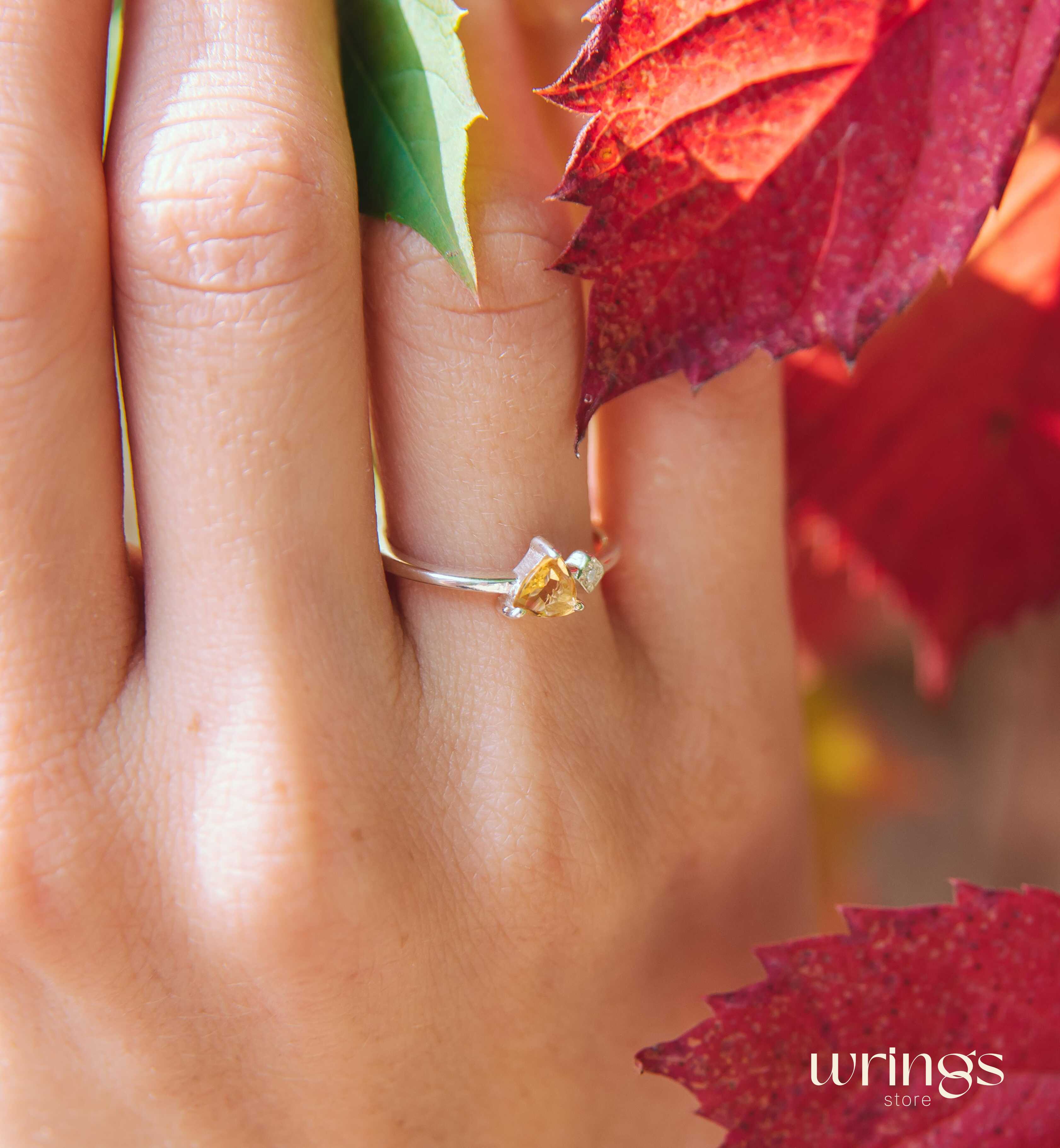 Trilliant Citrine Silver Ring & White CZ Side Stone