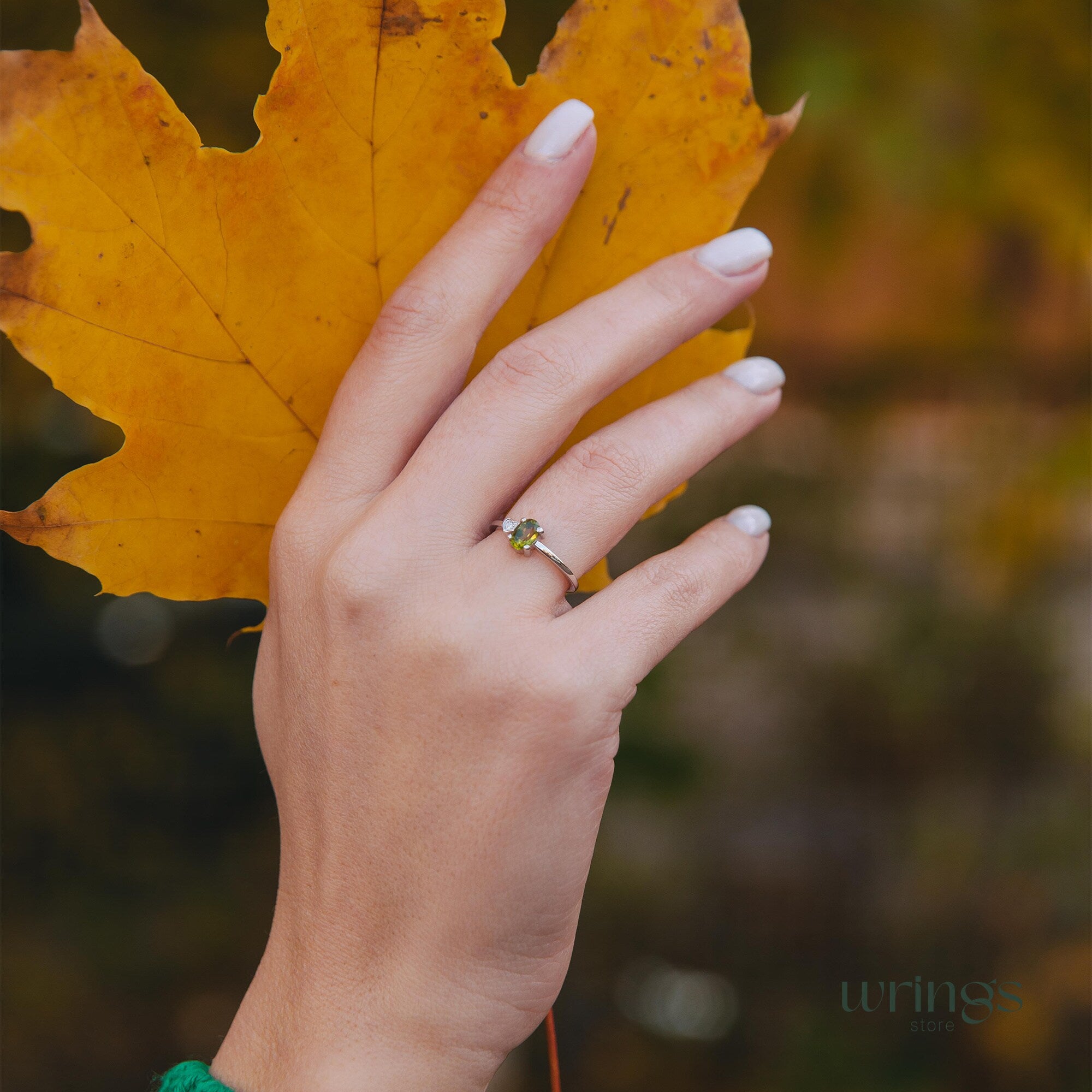 Peridot & CZ Heart Silver Engagement Ring