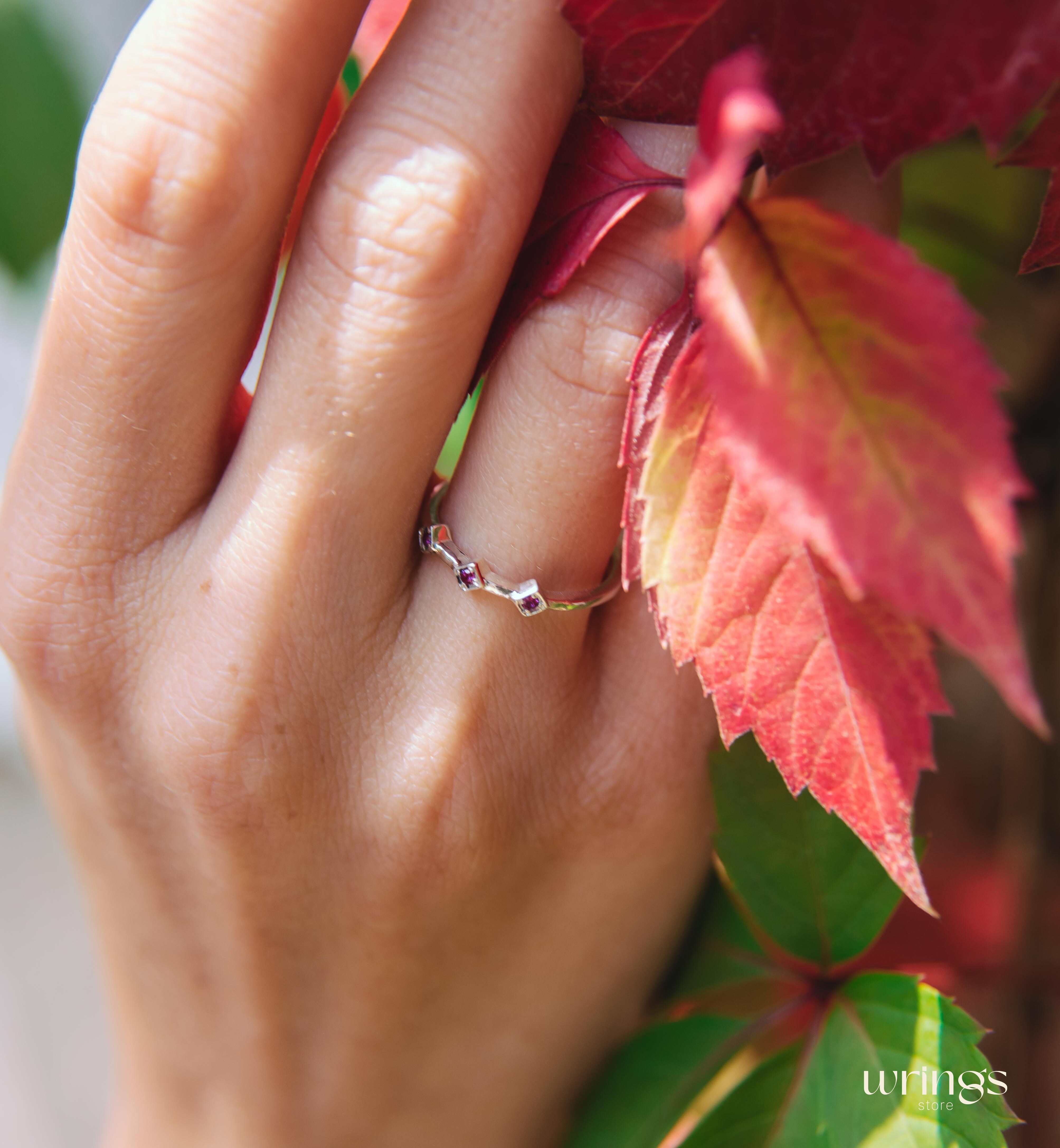 3 Rubies Minimalist Thin Silver Ring July Birth Stone