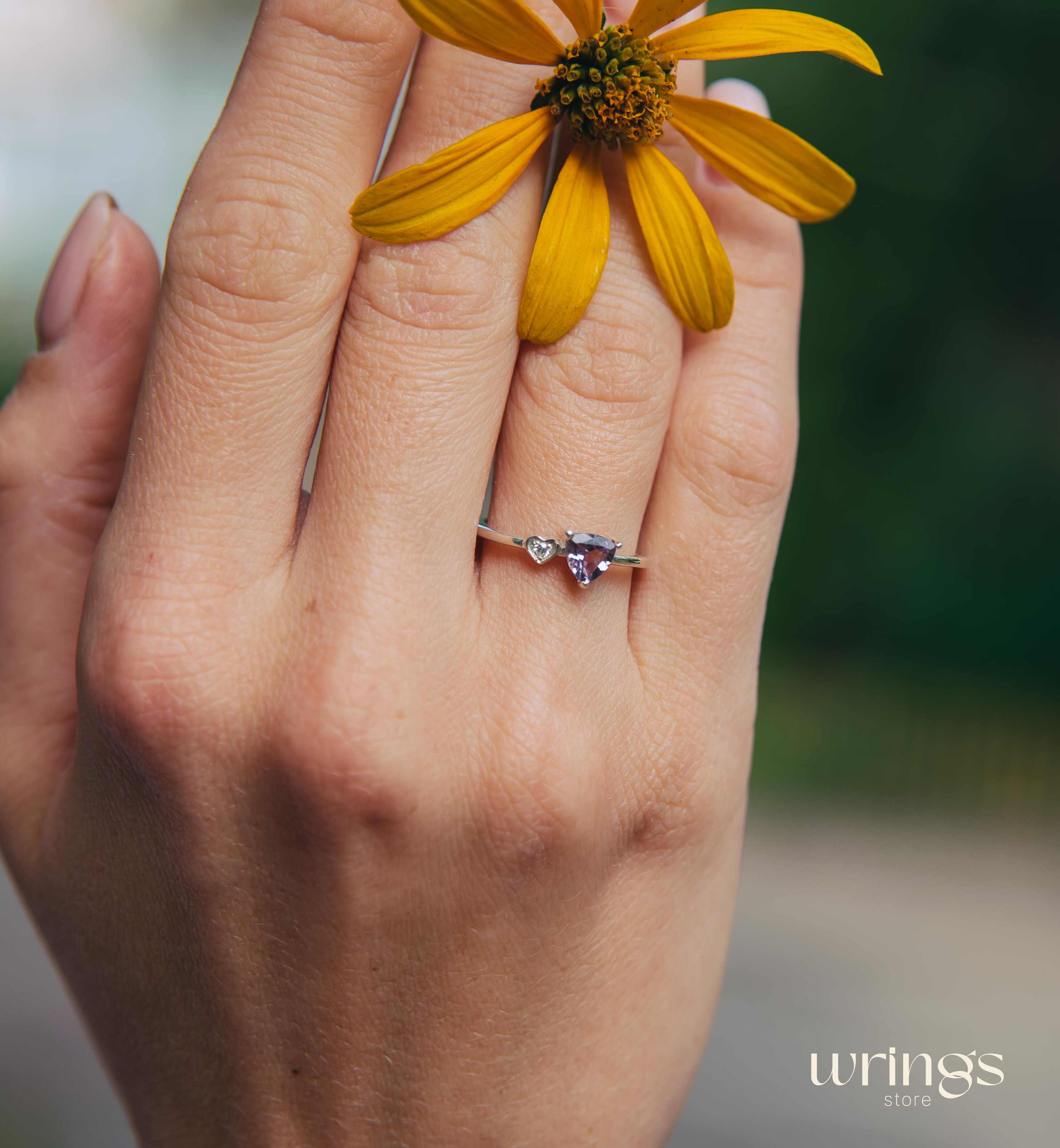 Trilliant Amethyst Silver Ring & White Stone in Side Heart