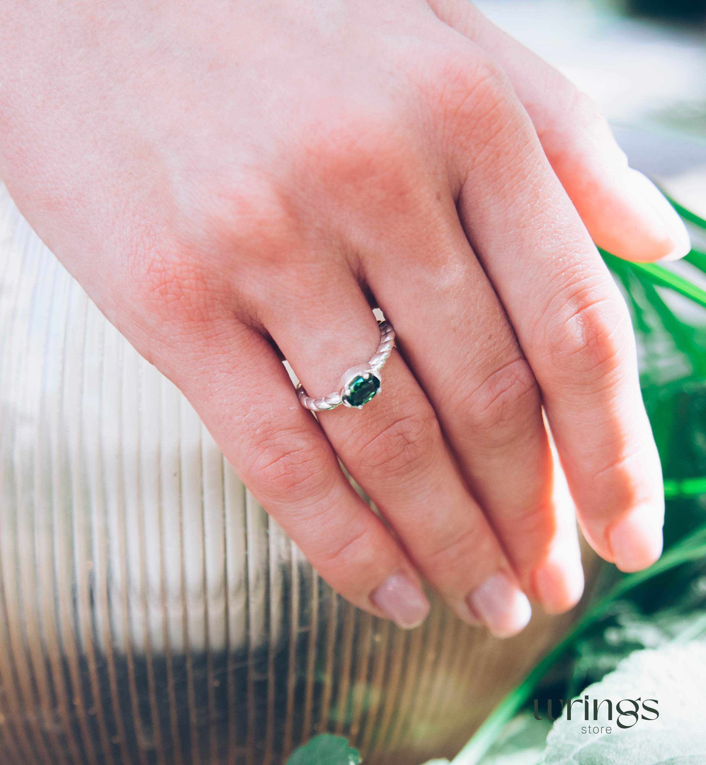 Oval Green Stone Rope Band Engagement Ring Silver