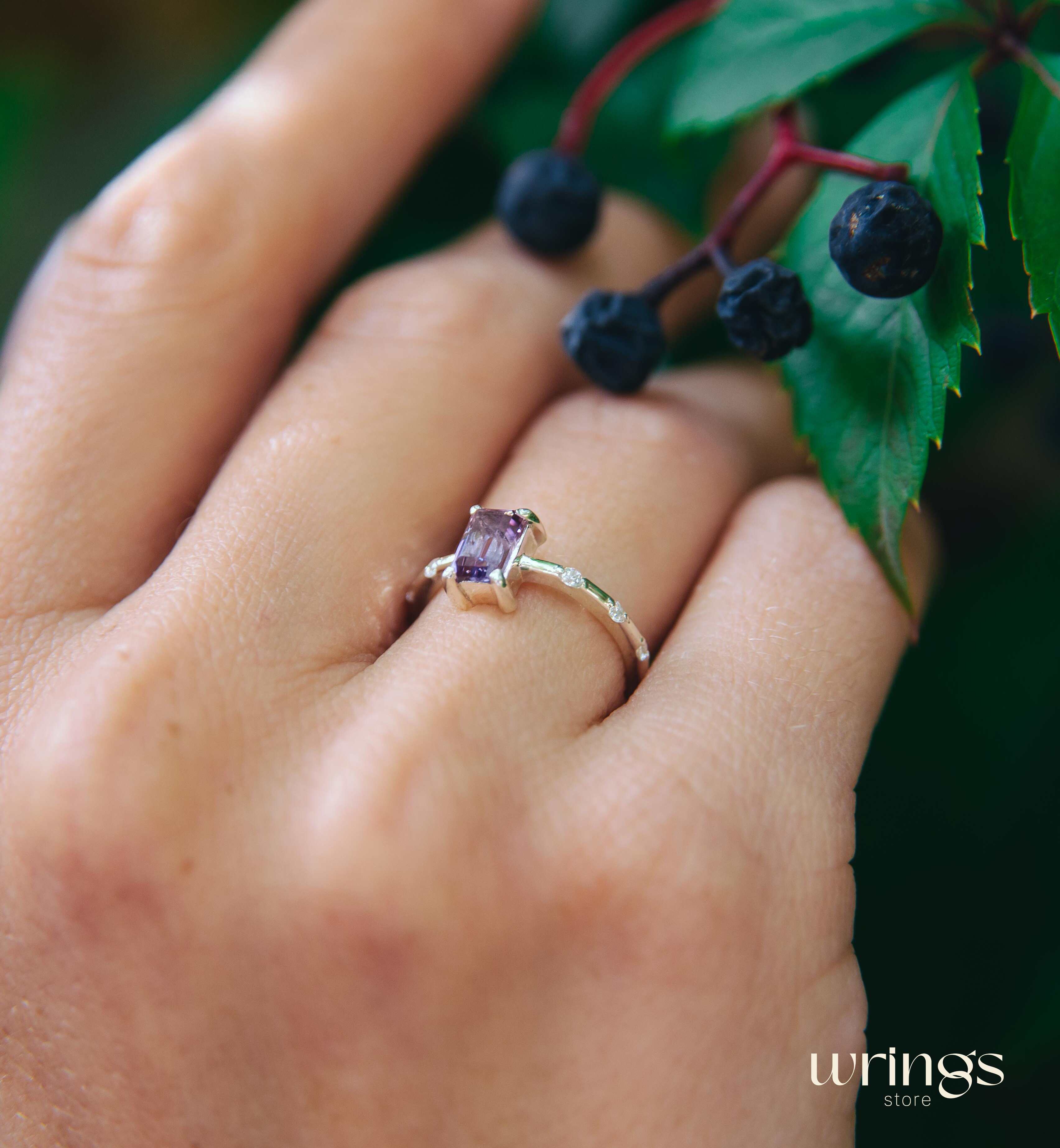 Octagon Central Amethyst & White Side Stones Ring Silver