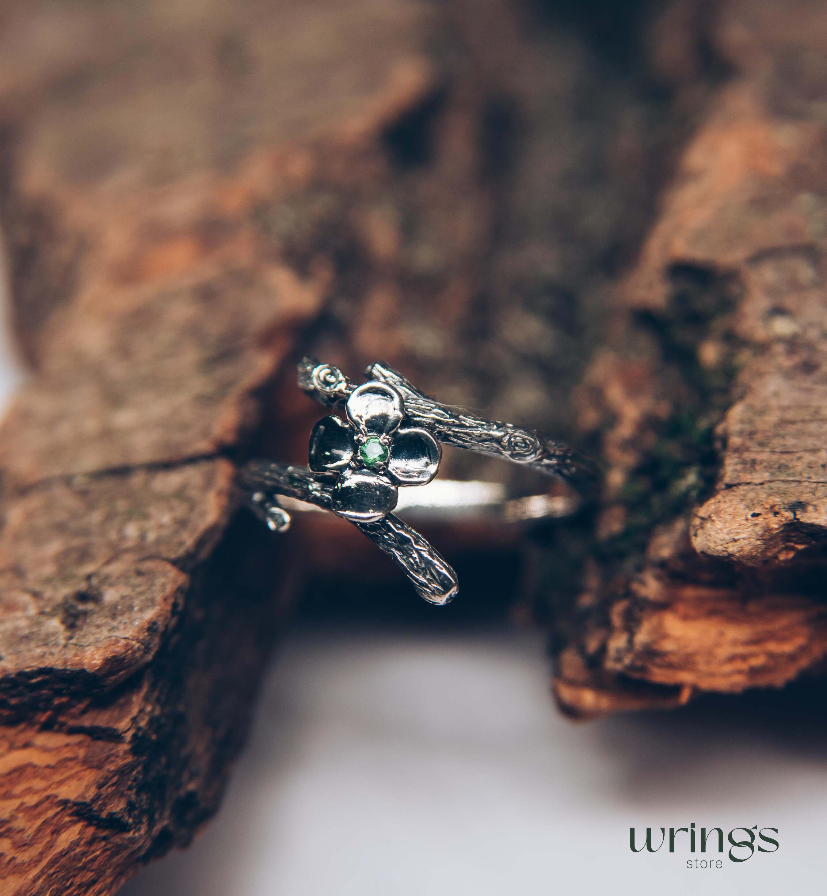 Dainty Quatrefoil flower Ring with Emerald and tiny Branch