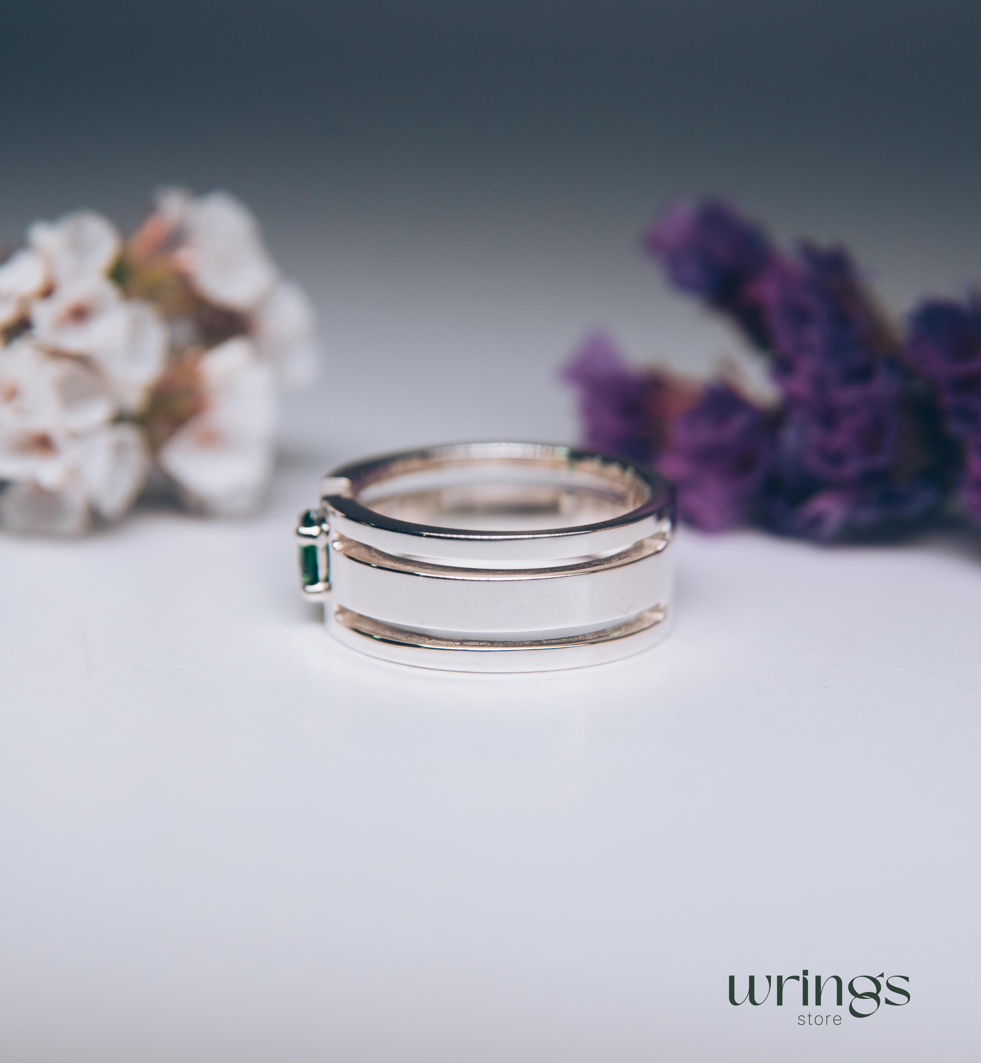 Green Oval Stone Extra Wide Wedding Band Solid Silver