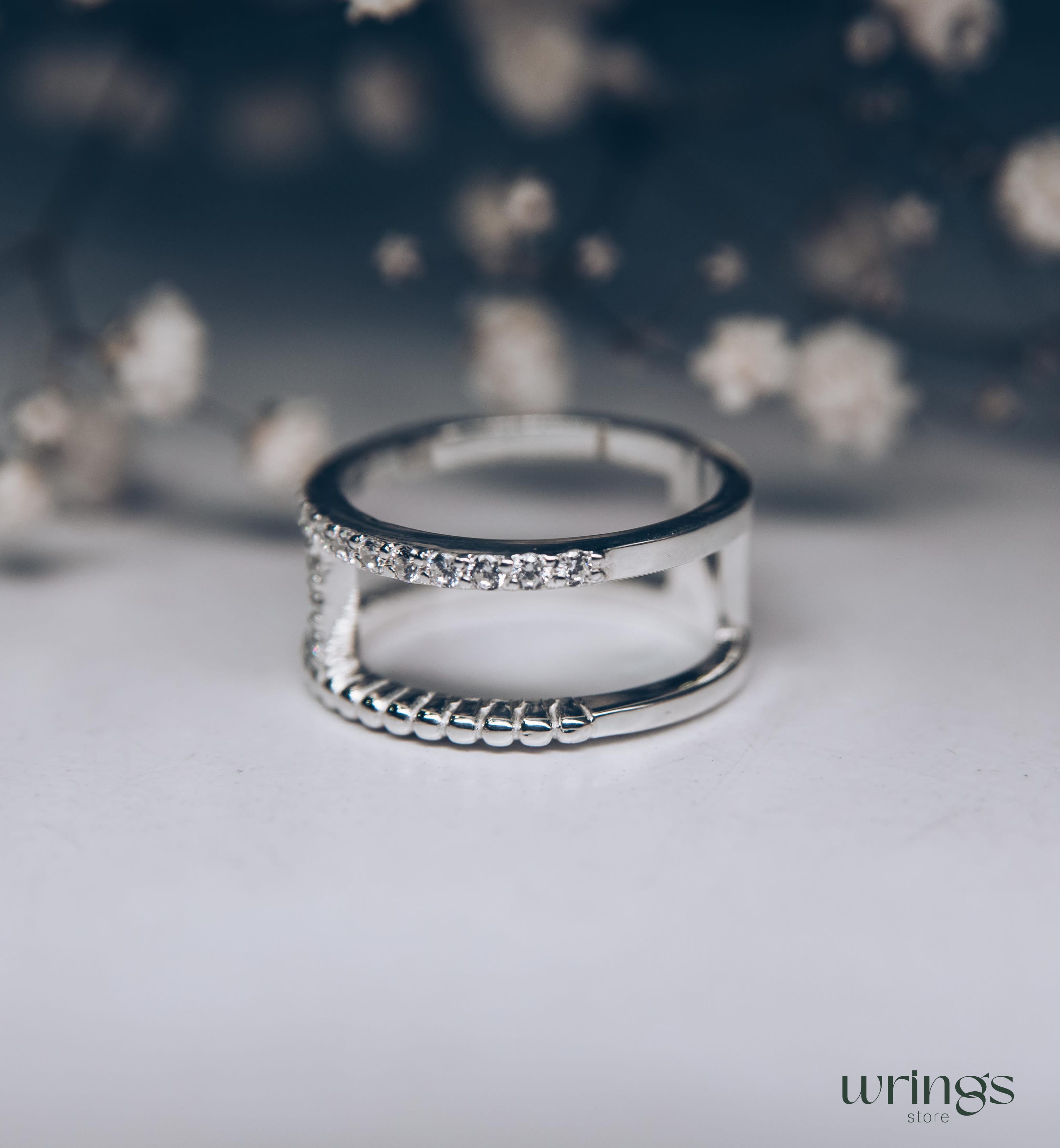 Double Band Statement Ring Diamonds and Beaded Style