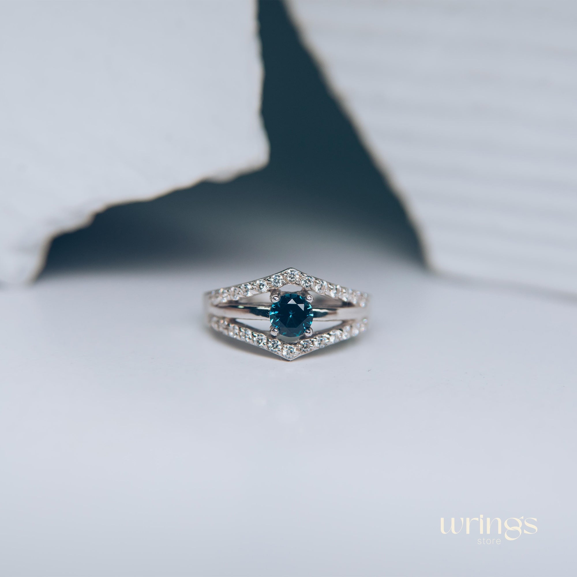 Double Chevron Engagement Ring - Oval Blue Topaz & CZ