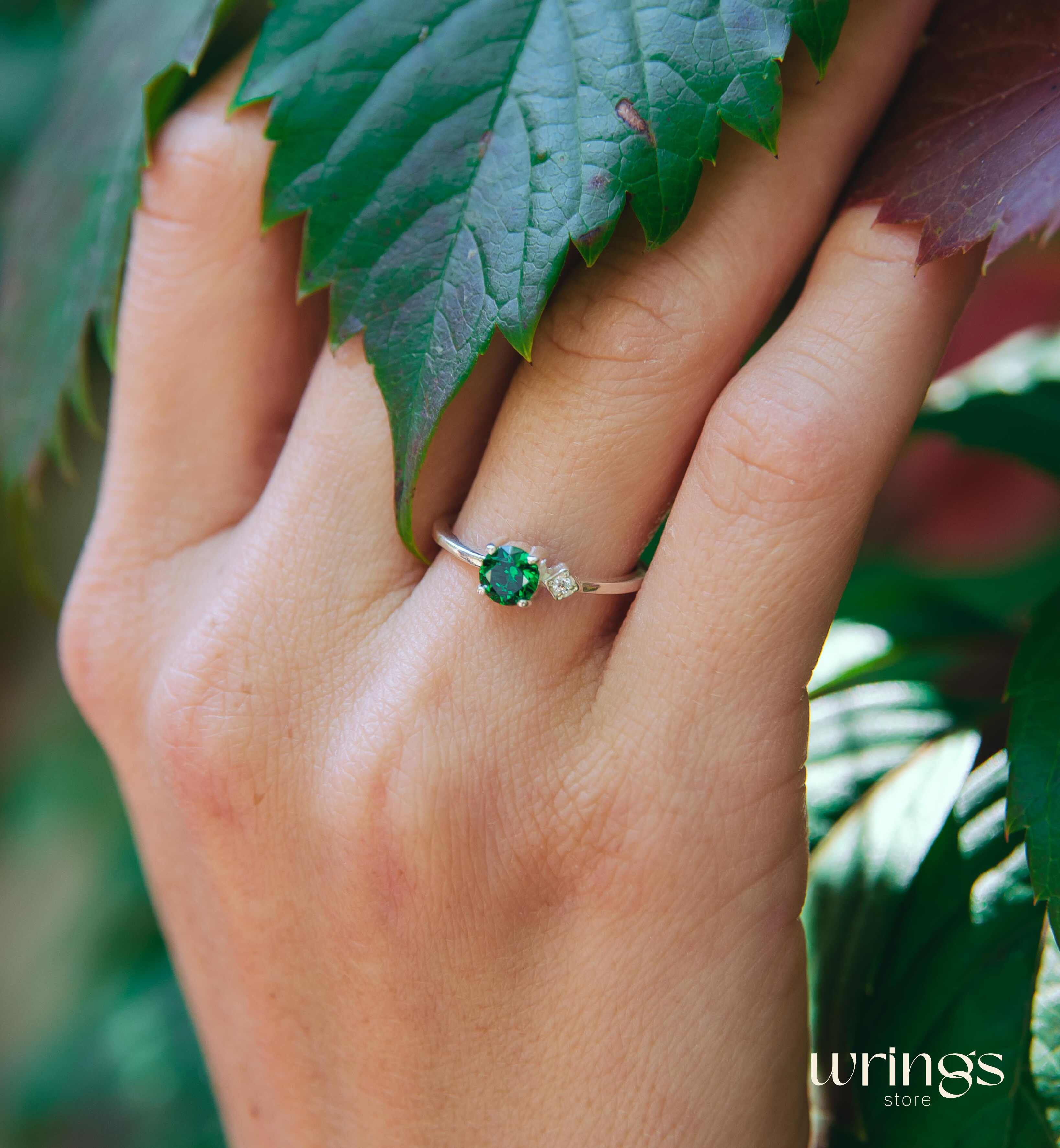 Central Custom Green Stone Silver Ring with White Side Stone