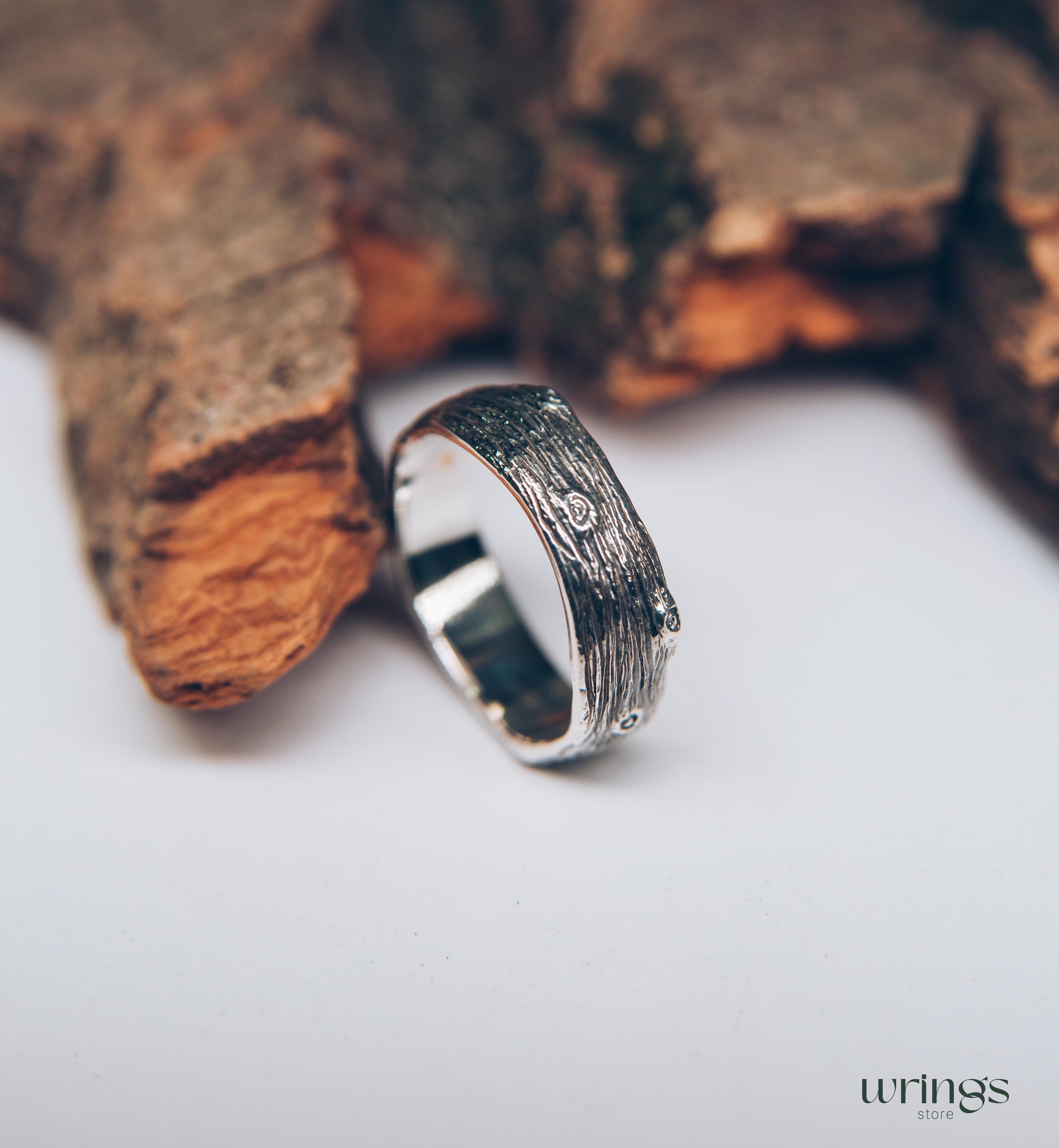 Unusual Tree bark and Stumps Silver Wedding Band Unisex