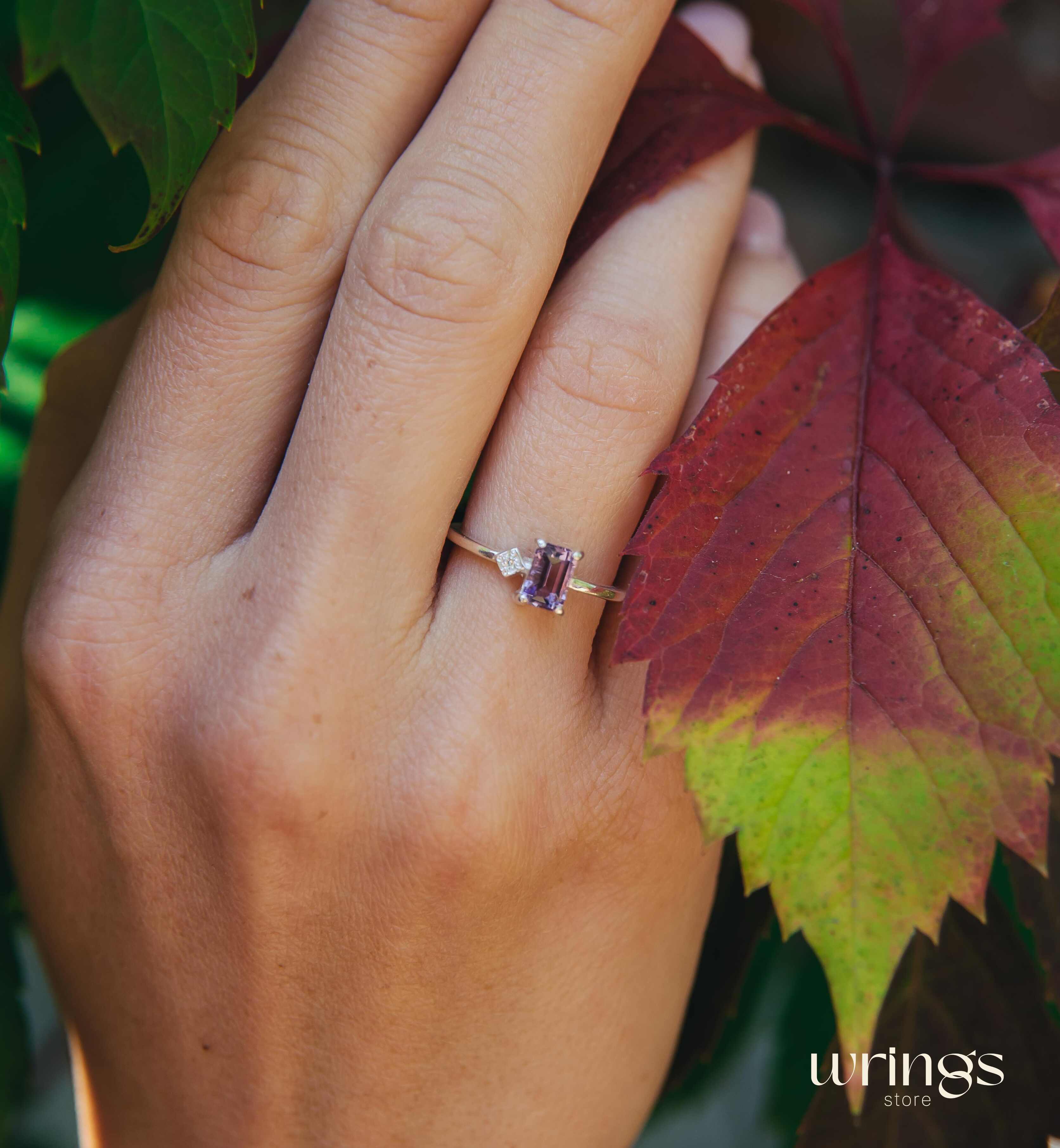 Central Octagon Amethyst Side Stone Engagement Ring Silver