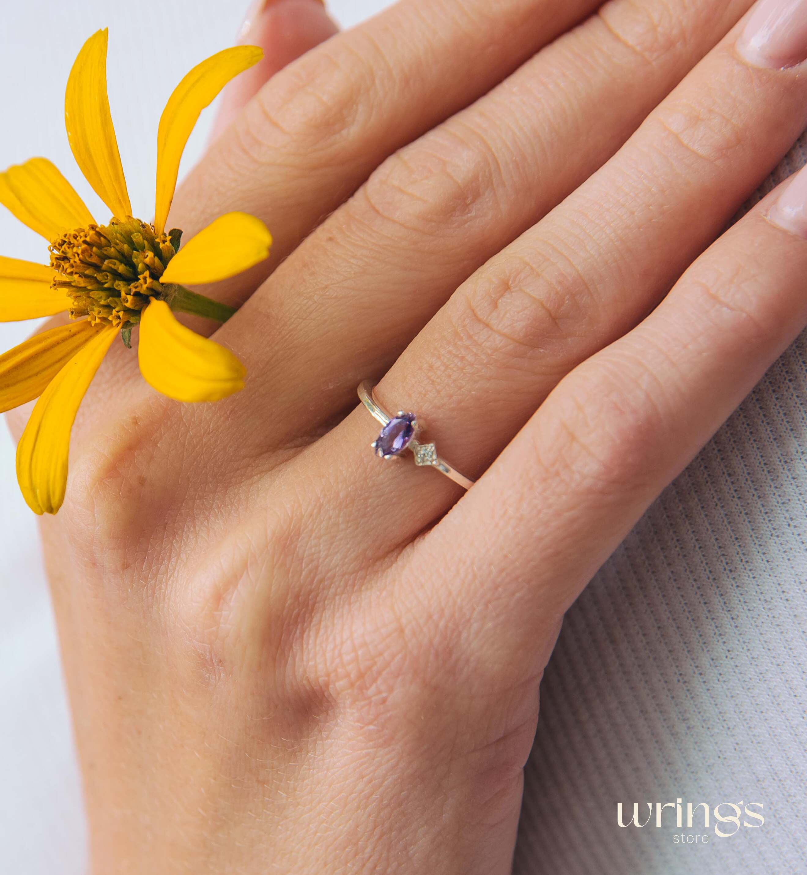 Marquise cut Amethyst Proposal Ring White Side Stone