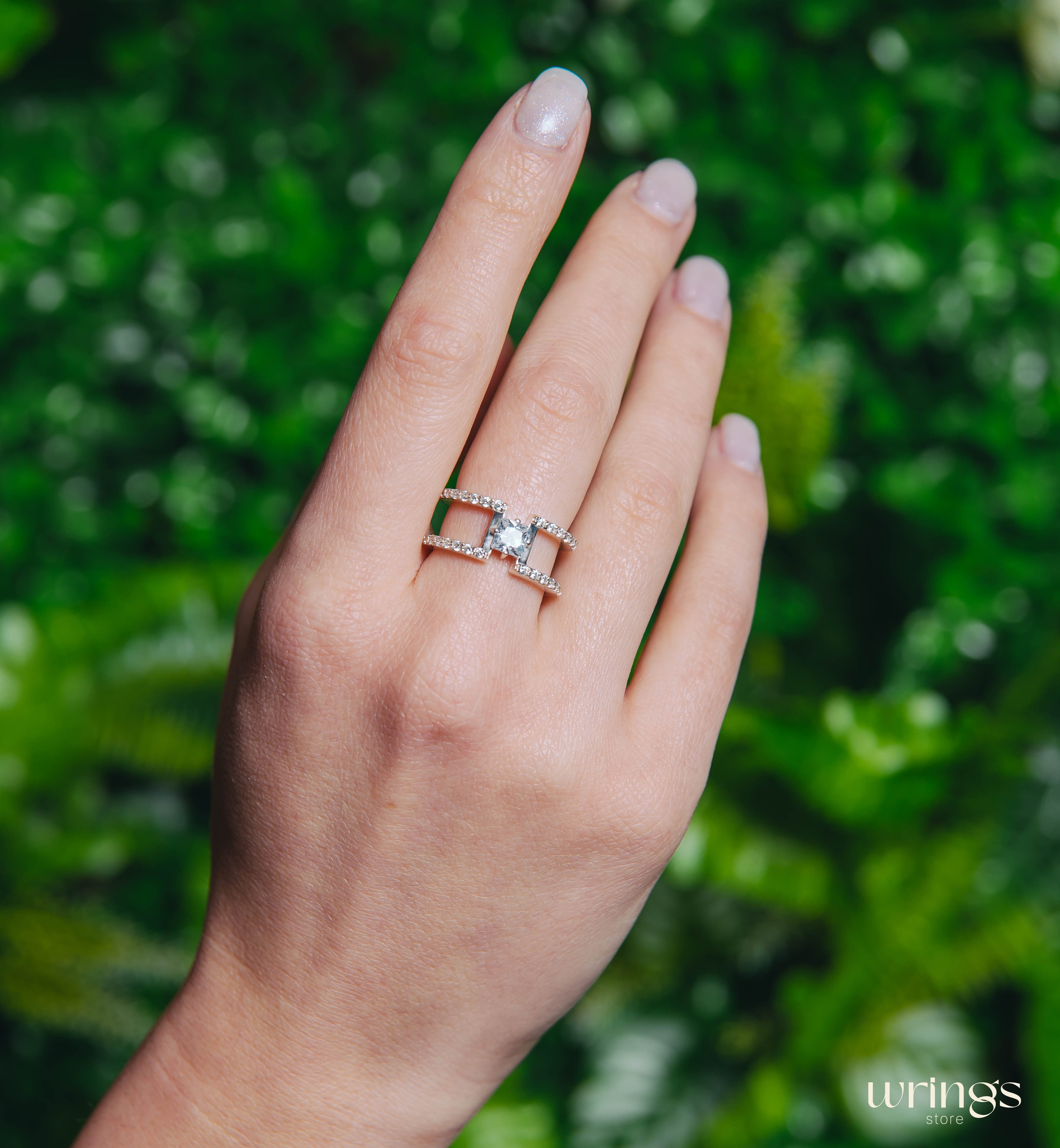 Double Band Silver Cocktail Ring Square Faux Diamond