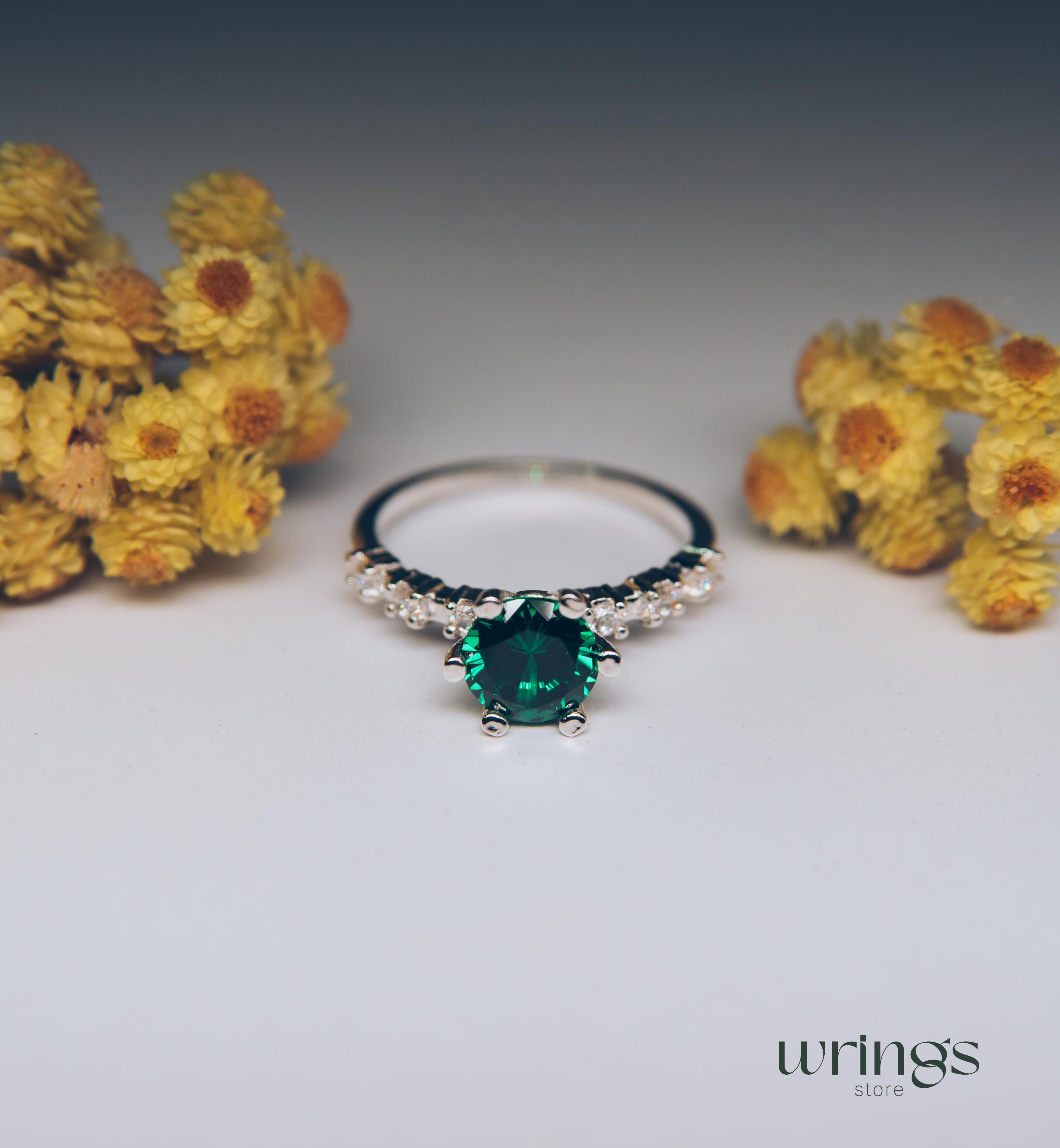 Large Green Stone & CZ Unique Silver Engagement Ring