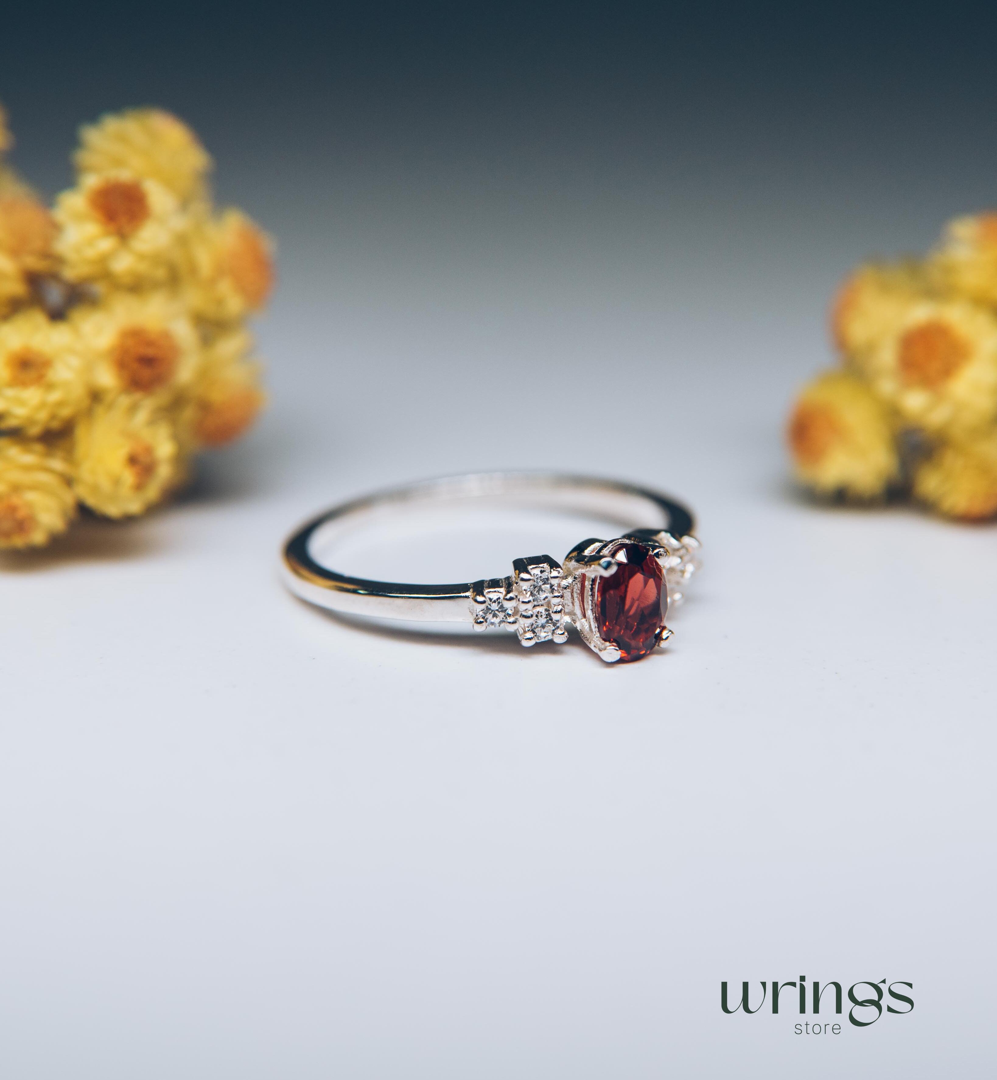 Oval cut Garnet Center Multi Stone Cluster Ring Silver