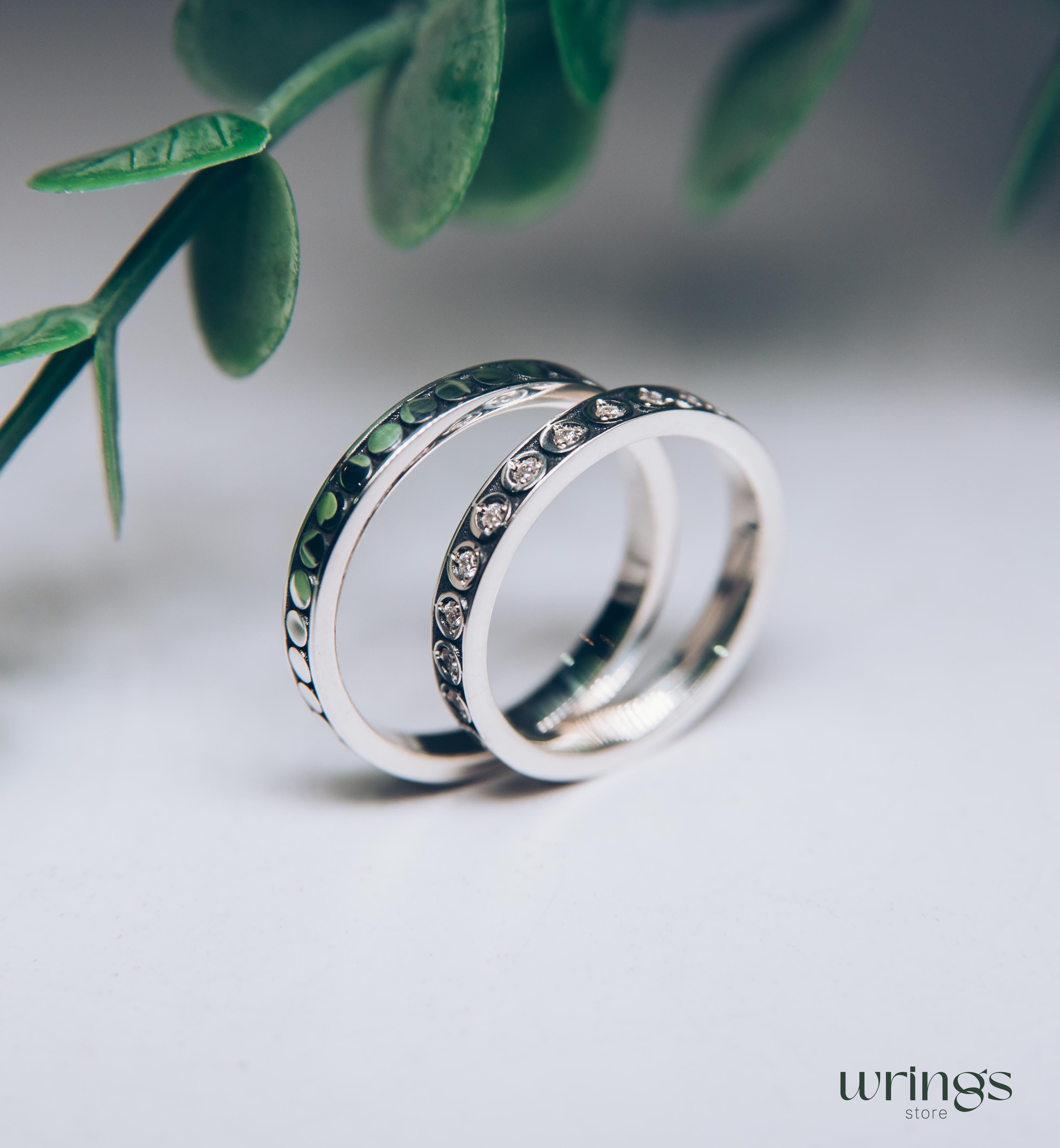 Minimalist Silver Wedding Bands Set Eternity Gemstones