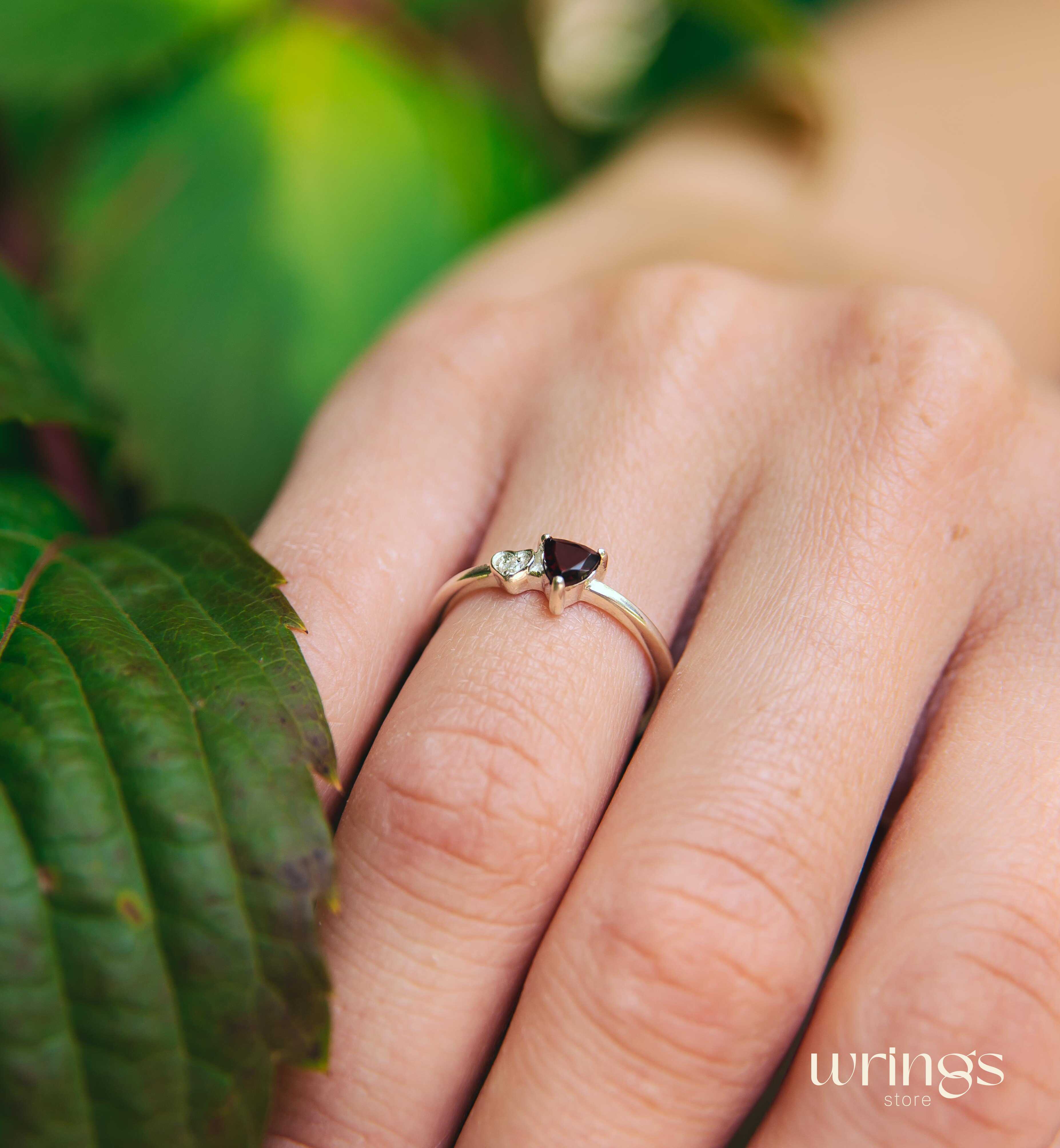 Small Trillion Garnet Ring & CZ Stone in Side Heart