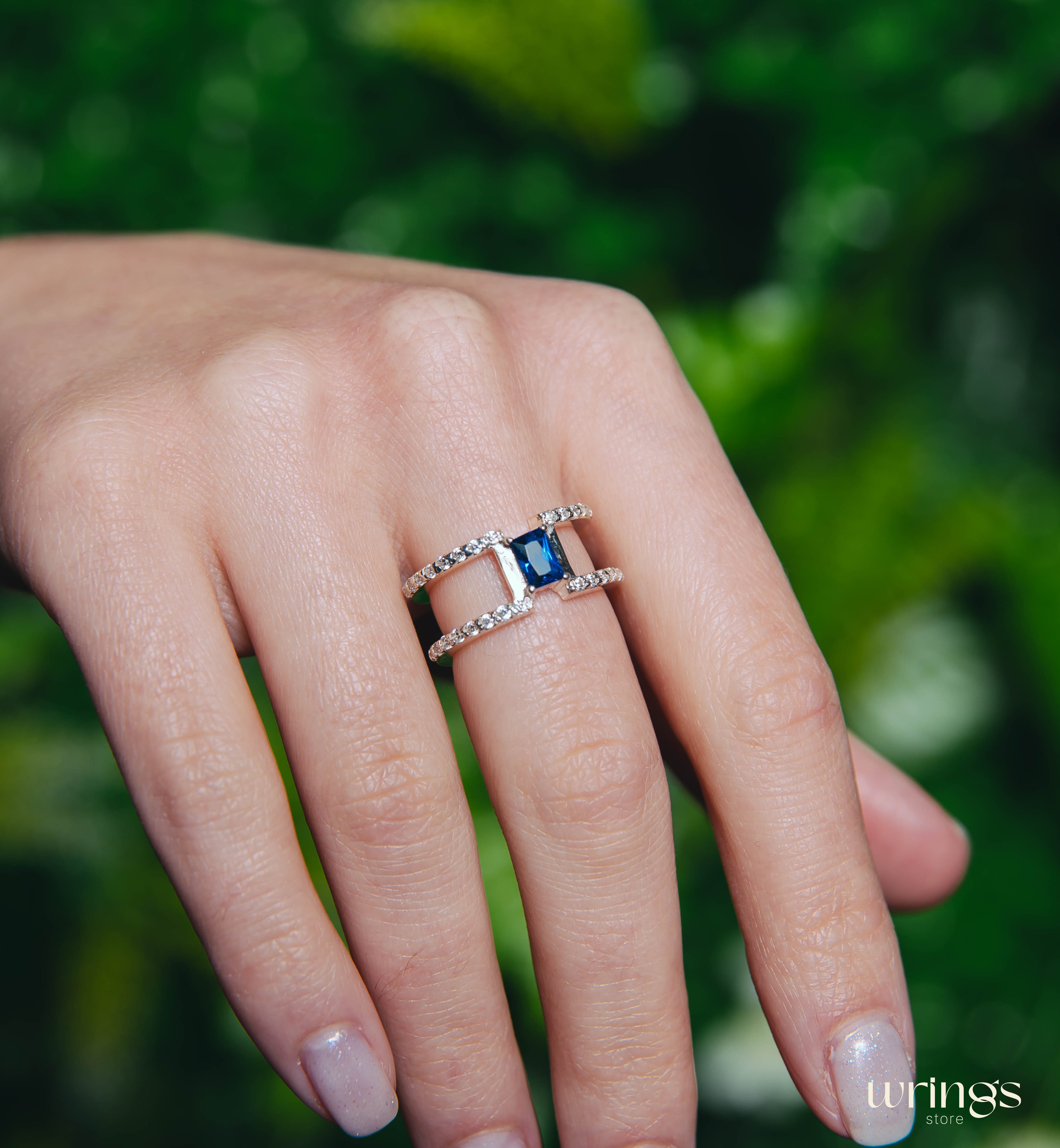 Octagon Cut Blue Topaz Double Engagement Ring Diamonds