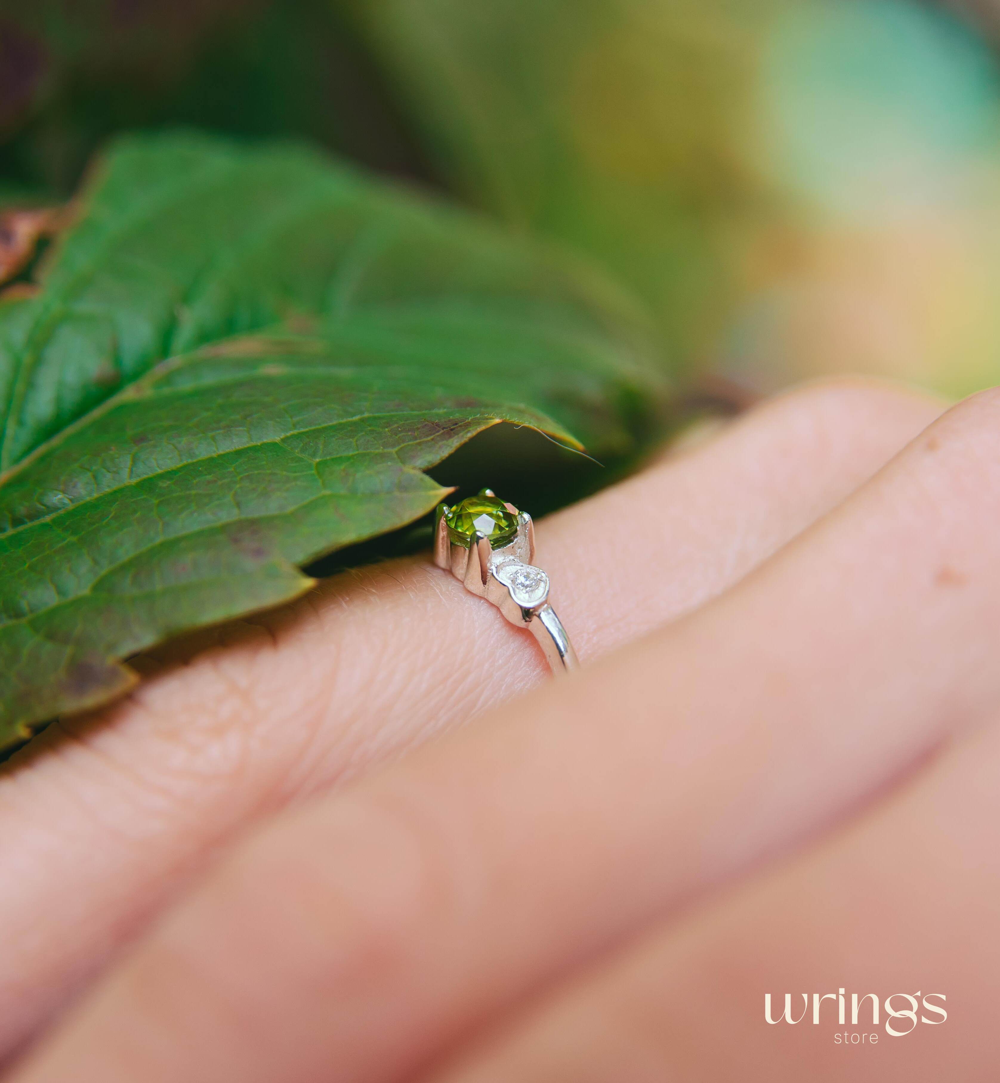 Round Peridot Silver Ring & White Stone in Side Heart