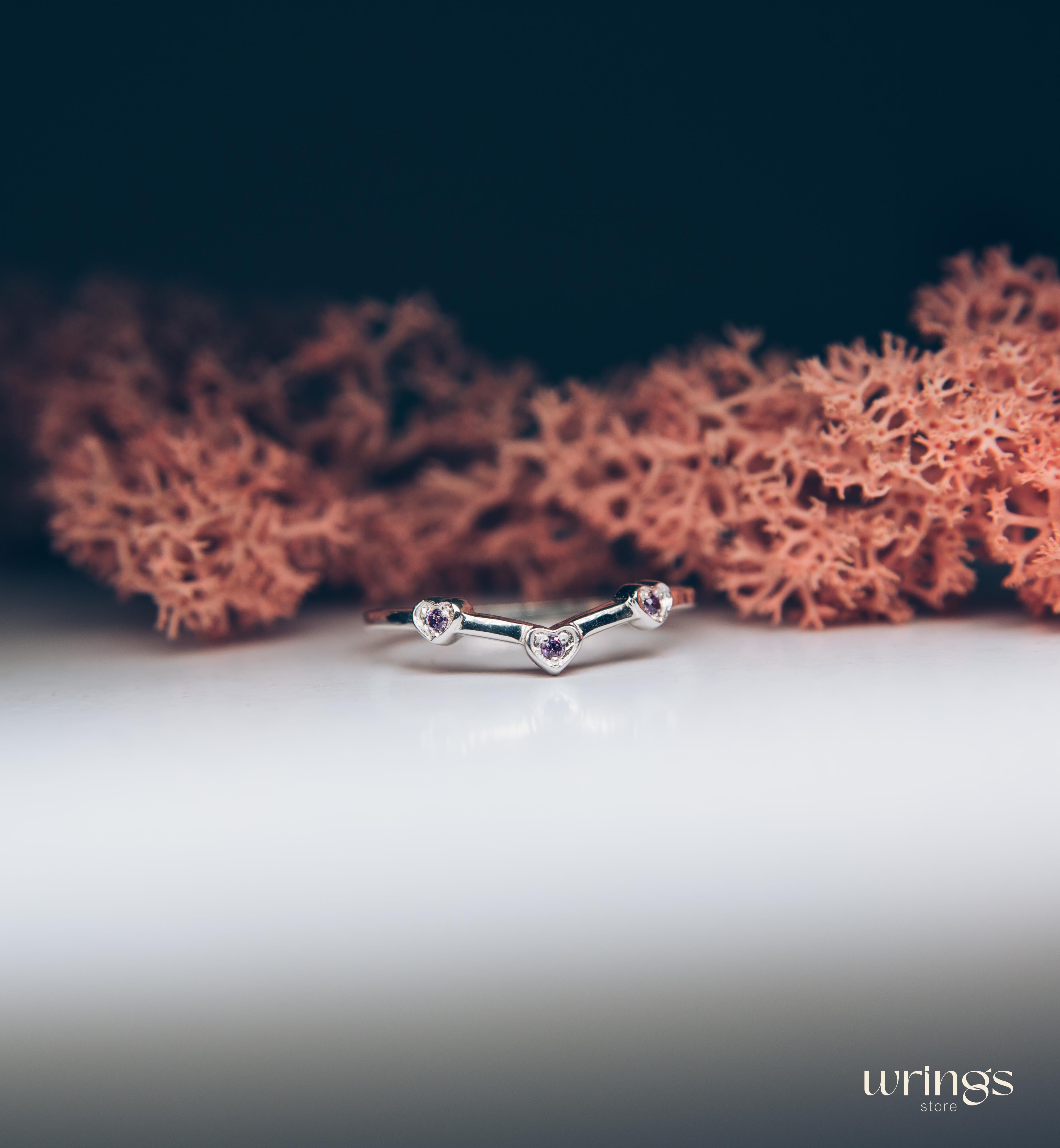 Three Hearts with Amethysts Silver Curved Ring