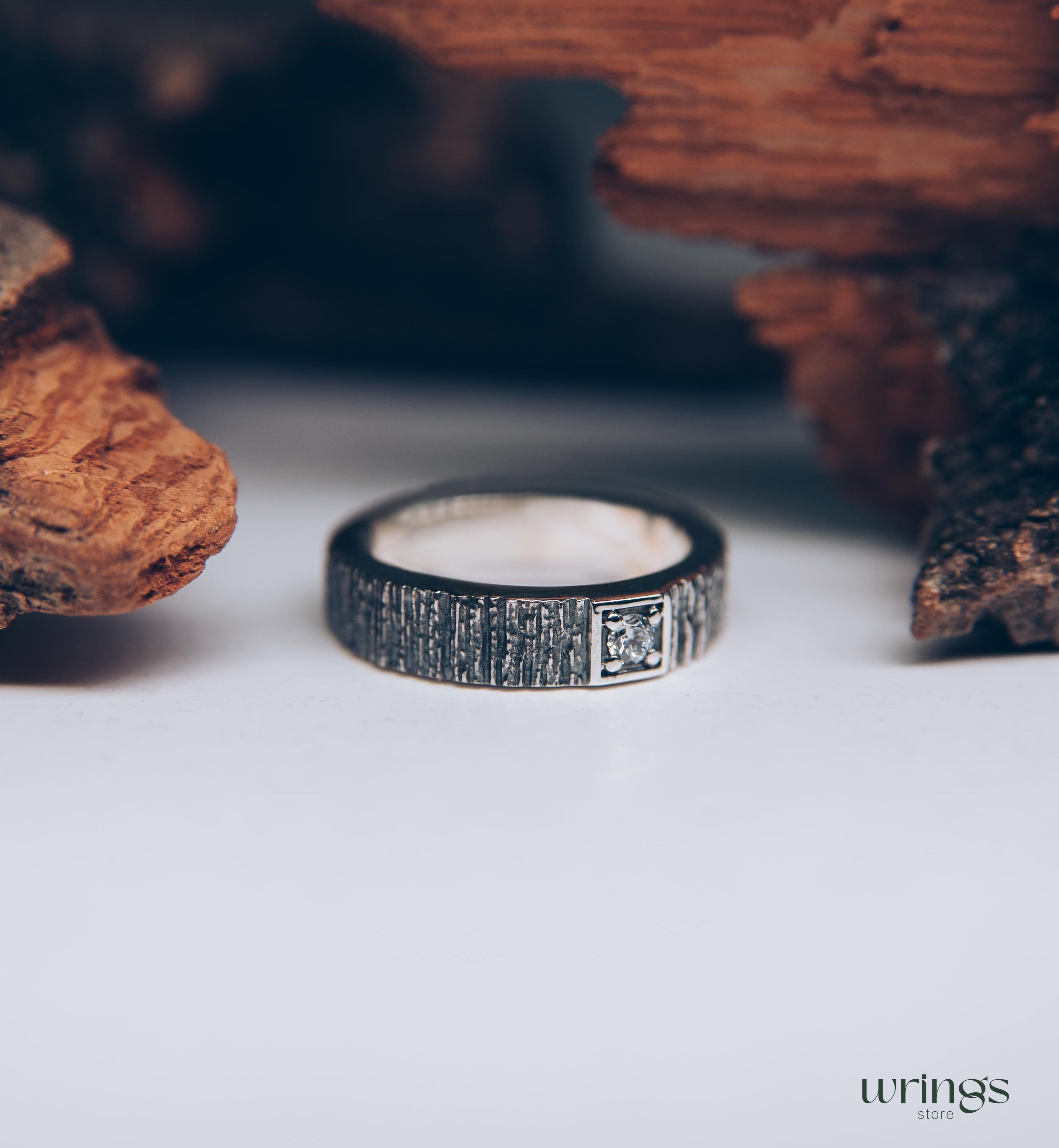 Simple Diamond Men's Wedding Ring band with Tree bark texture
