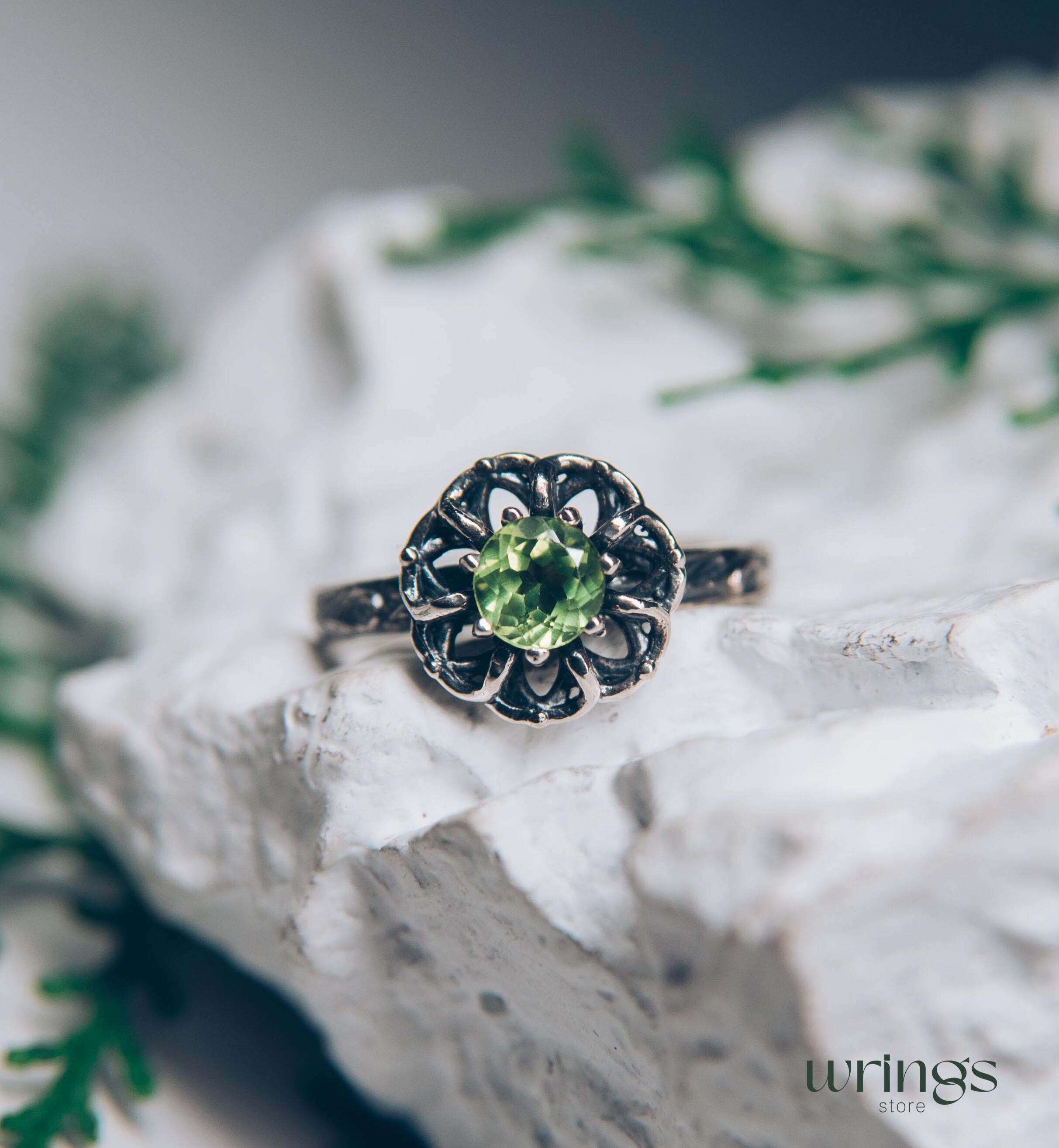 Silver Branch and Peridot Flower Engagement Ring for Women