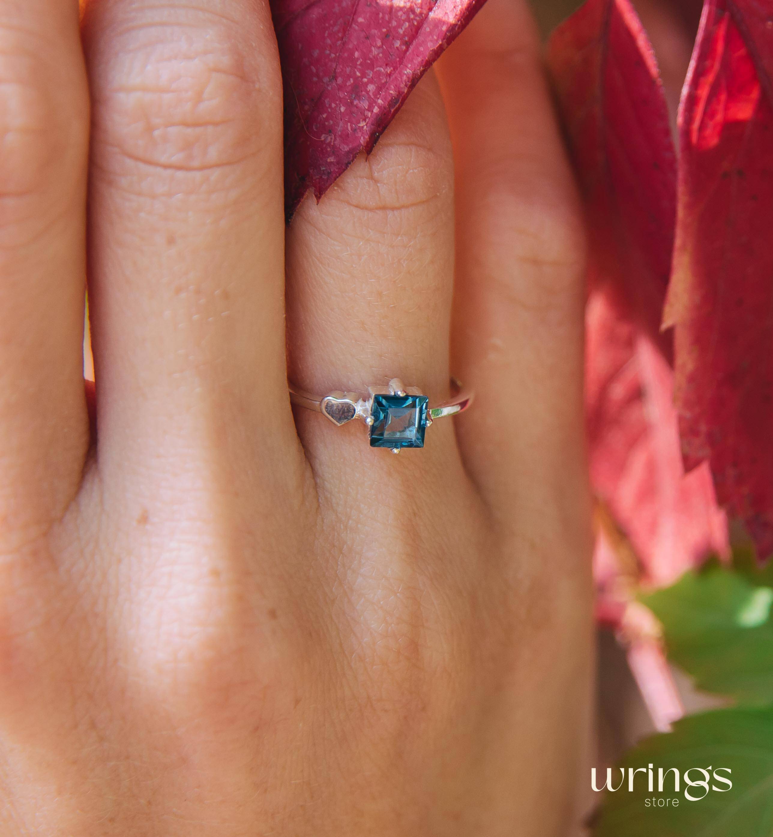 Square London Blue Topaz Silver Engagement Ring & Side Heart