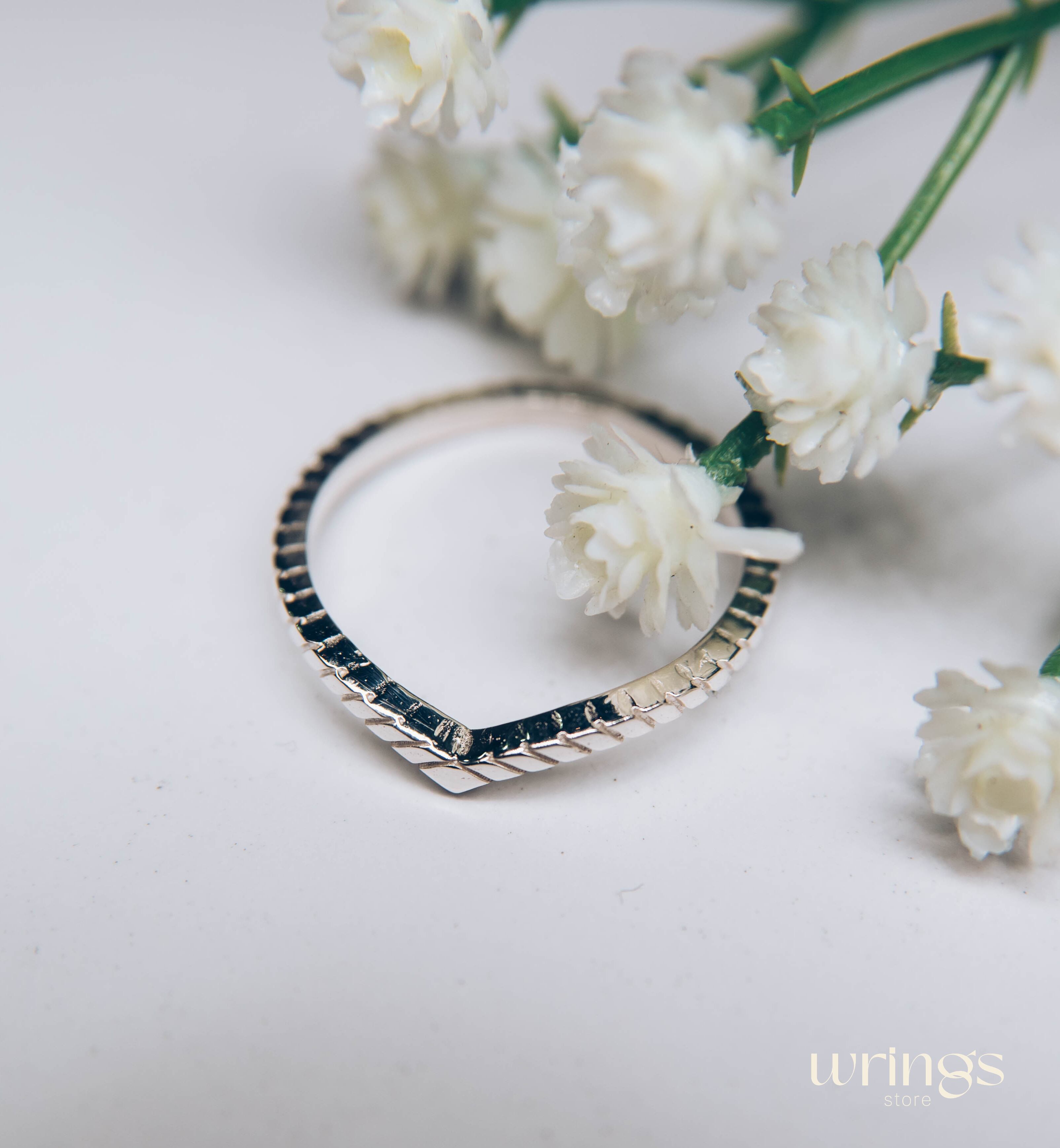 Chevron Wedding Ring Unique Serif Silver Band