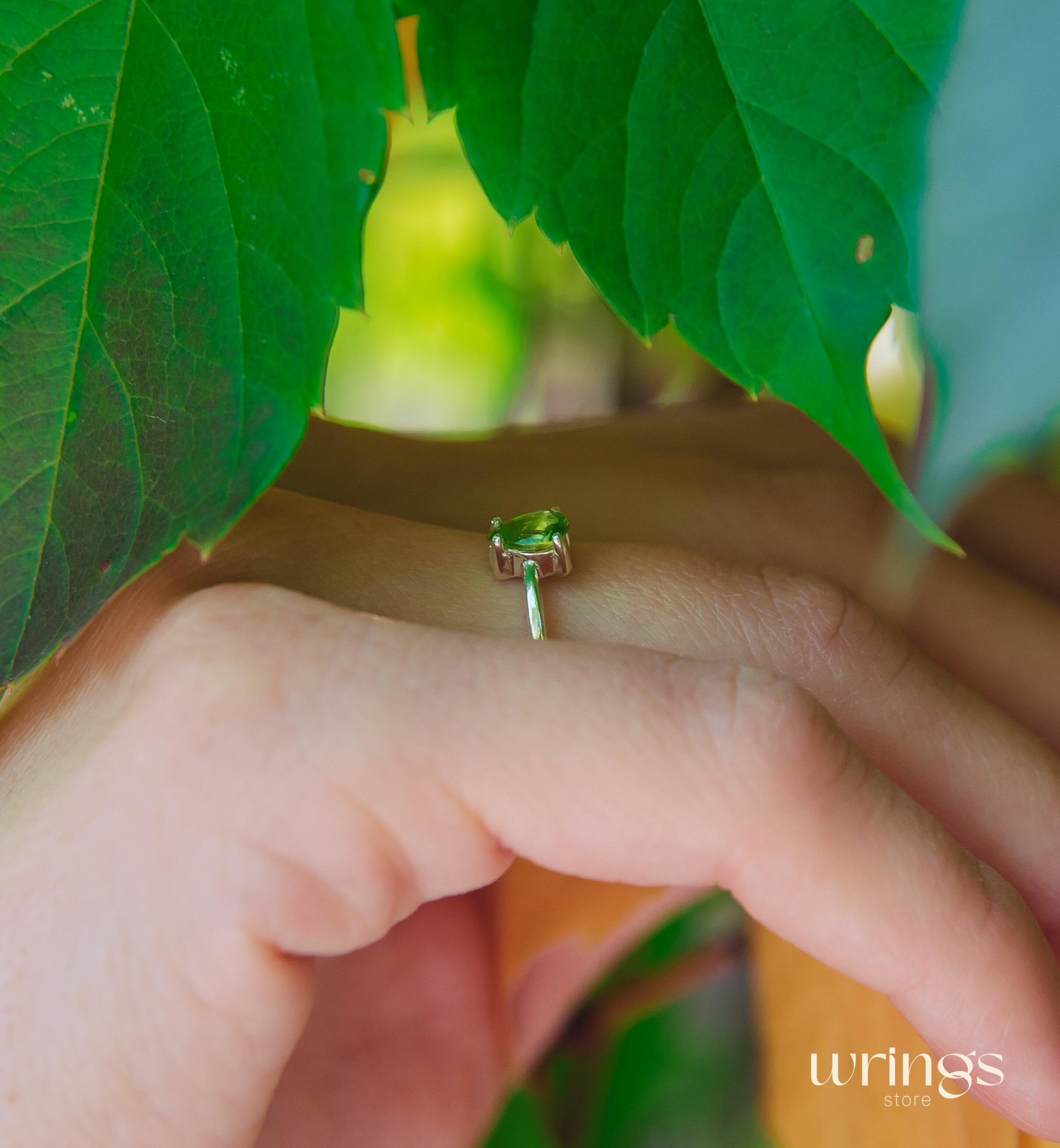 Pear Peridot Engagement Ring Silver Side White Stone CZ