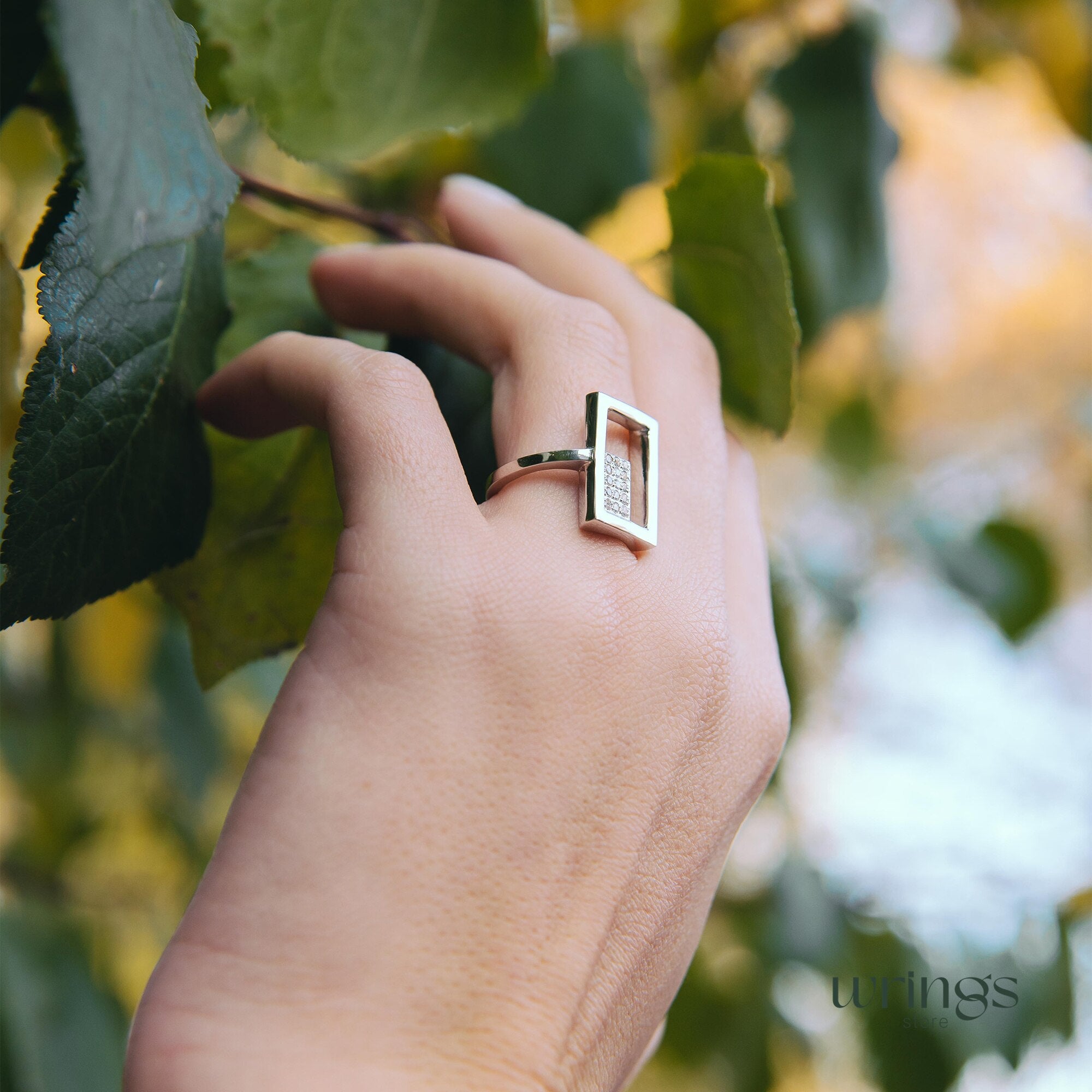 Silver Rectangle Cocktail Ring with Cubic Zirconia