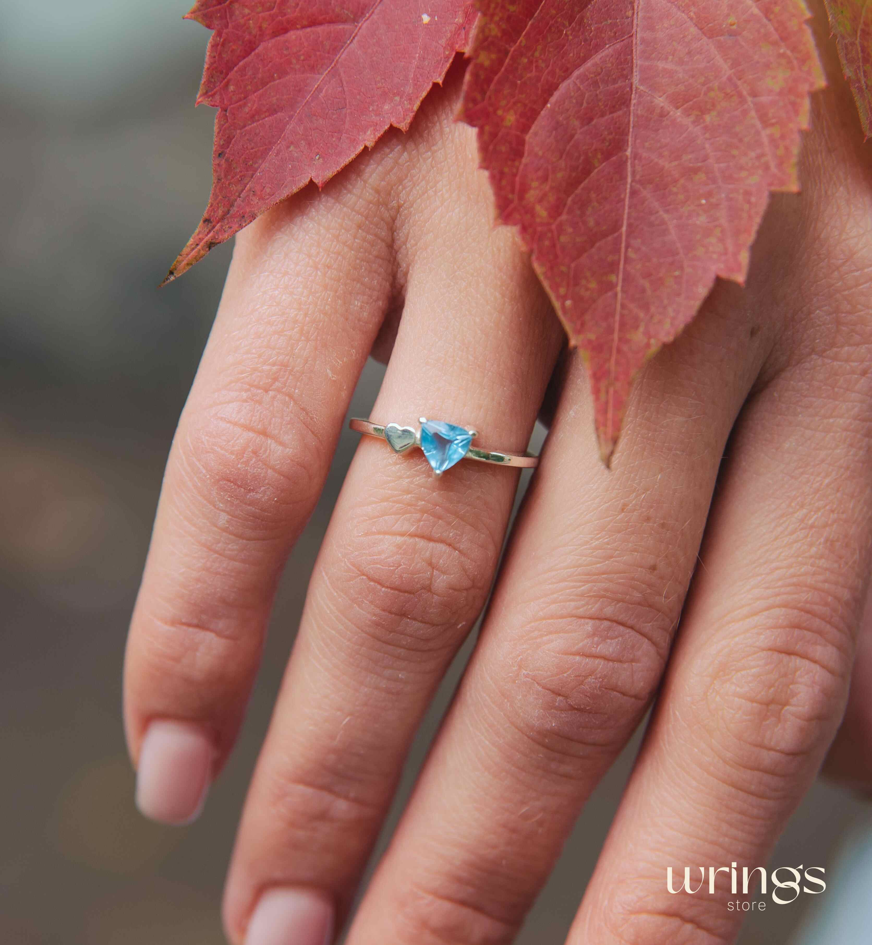 Trillion Swiss Blue Topaz Engagement Ring with Side Heart