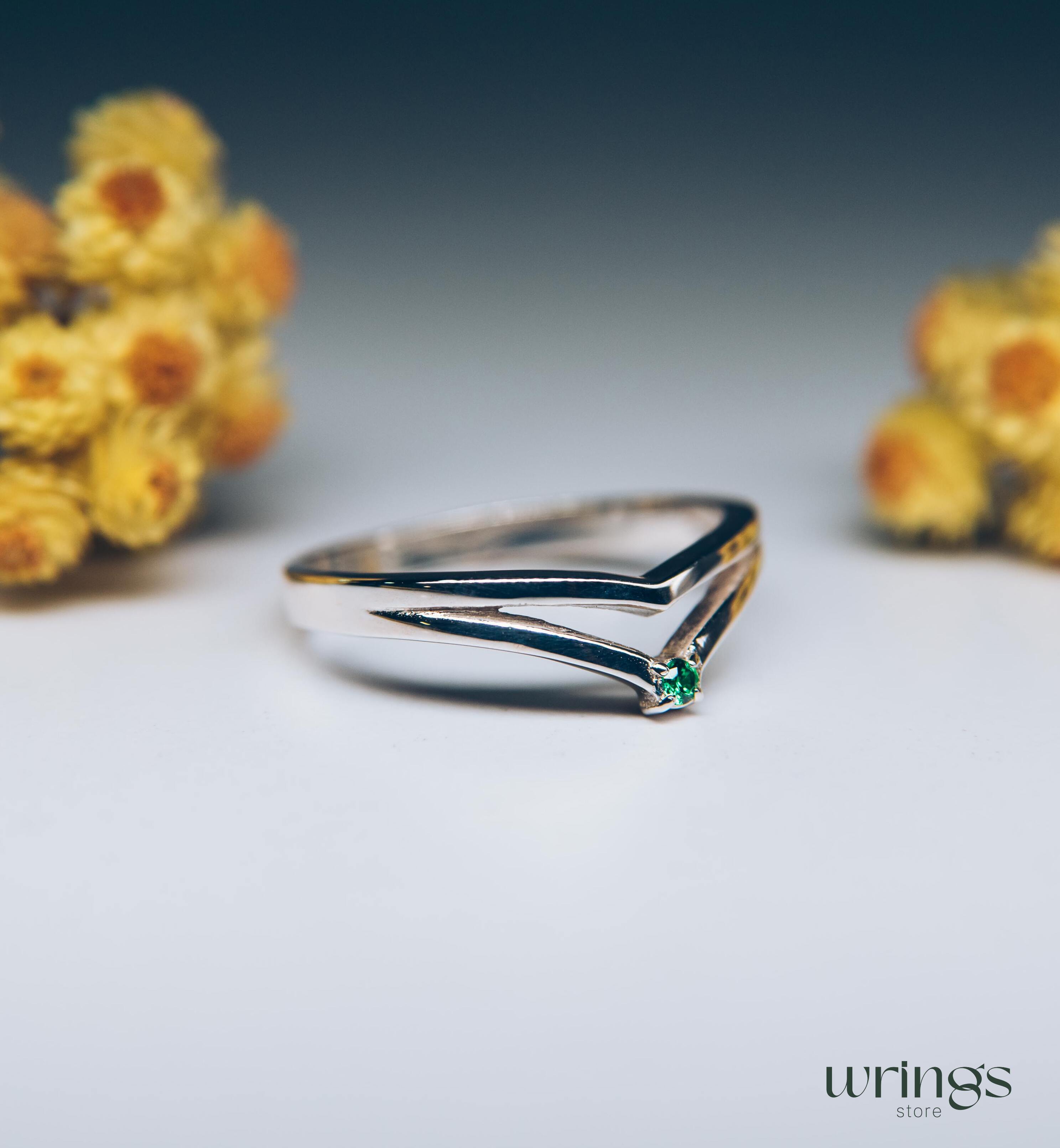 Small Emerald Double Chevron Wedding Ring Solid Silver