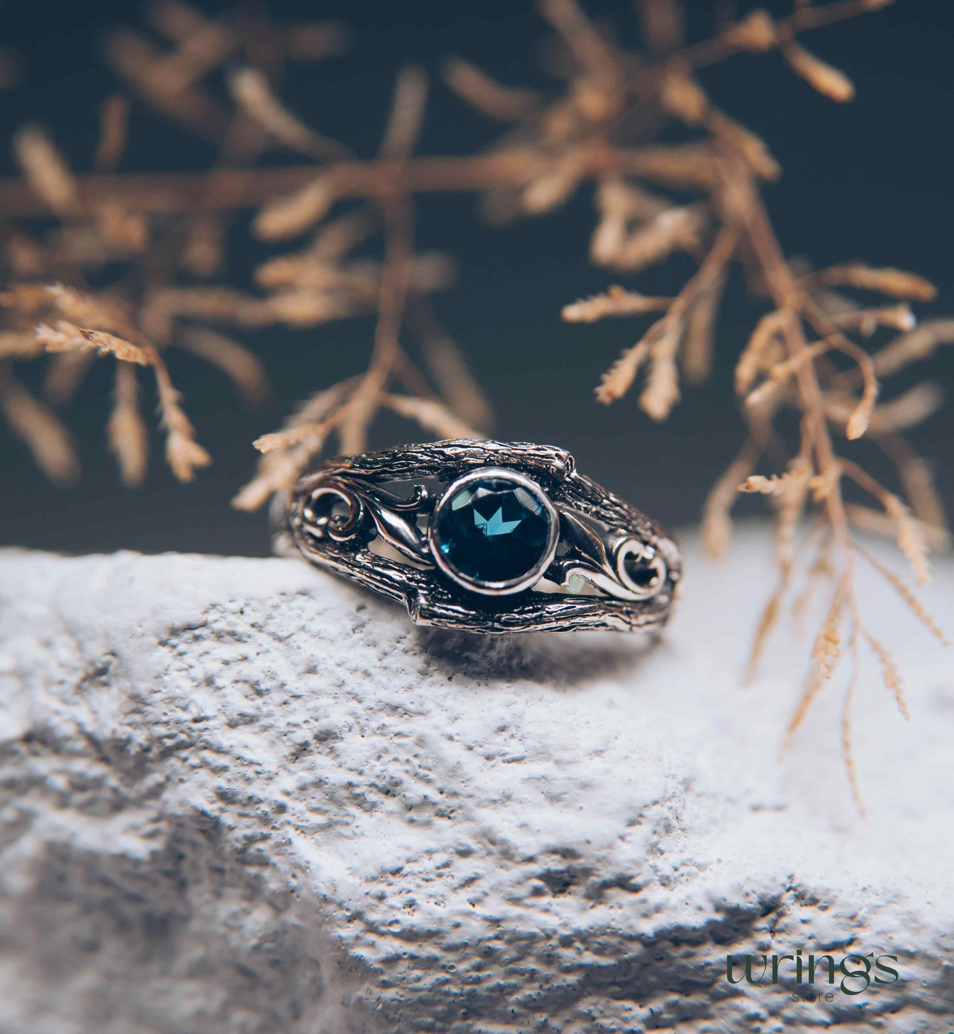 Bezel London blue Topaz with Vine and Branch Engagement Ring