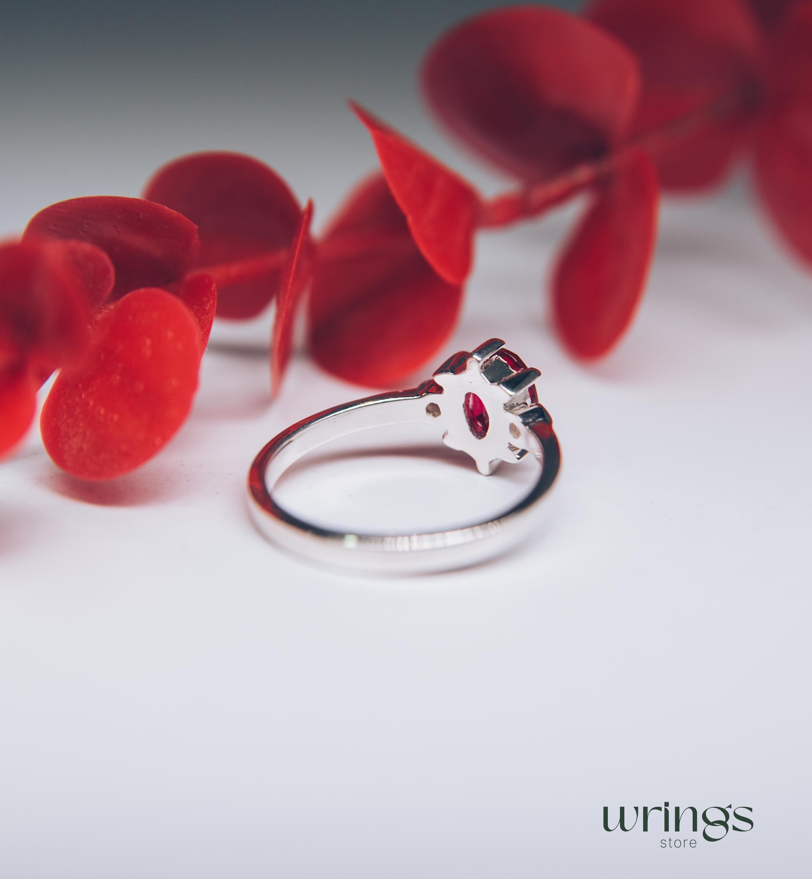 Large Oval cut Red Stone Silver Cocktail Ring & Side Stones