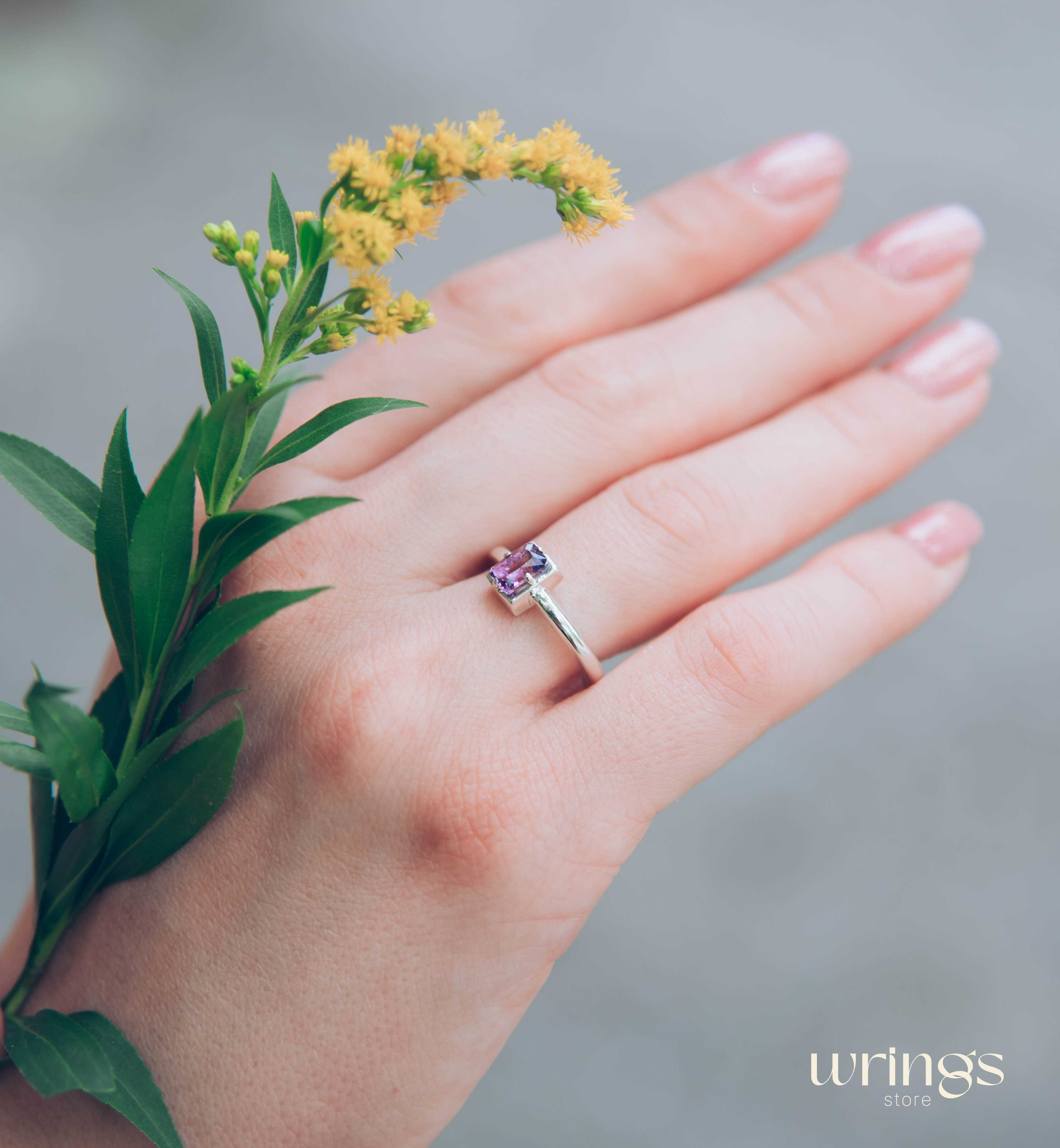 Simple Octagon Solitaire Amethyst Engagement Ring Silver