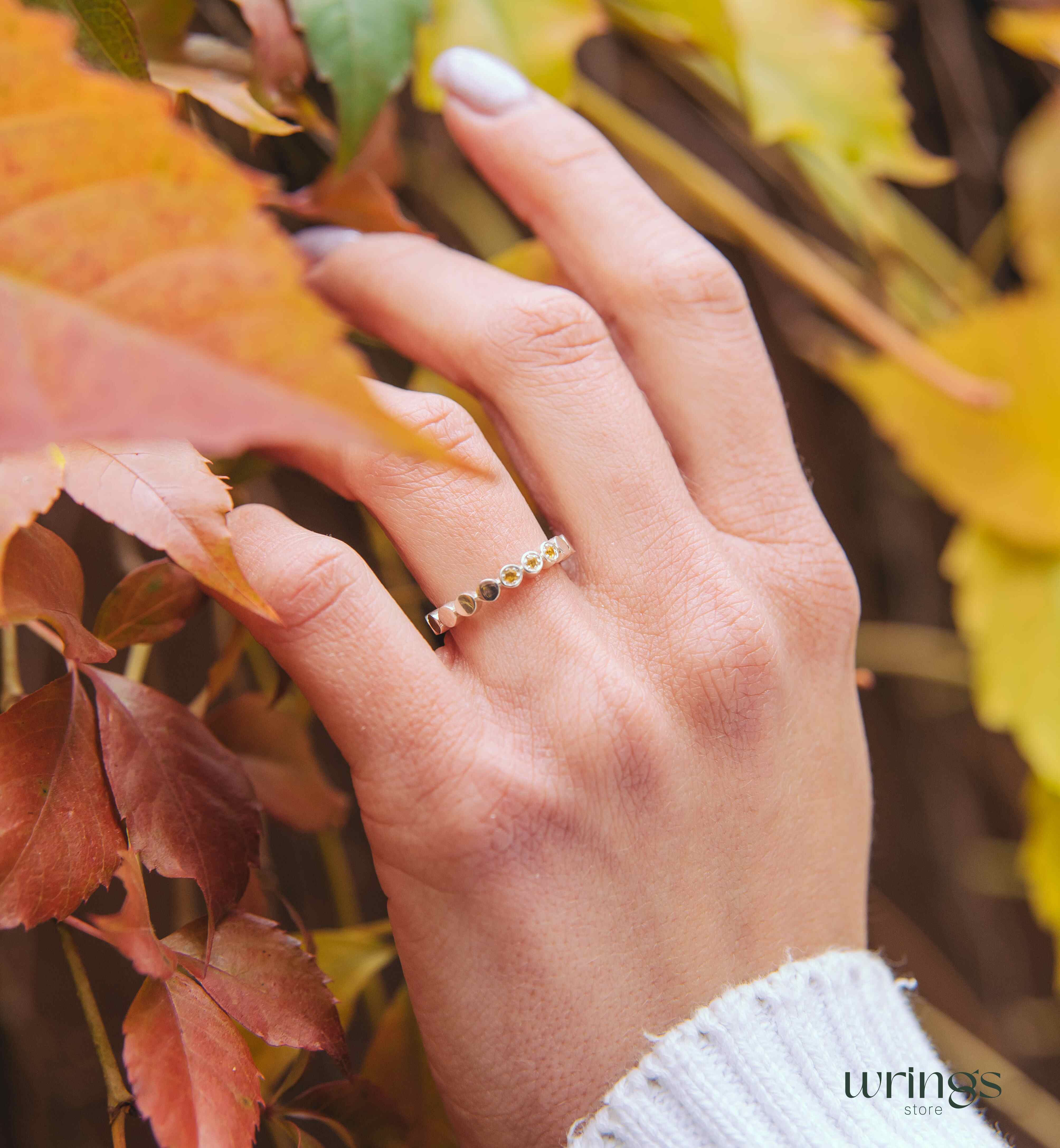 Three Citrines Eternity Style Silver Beaded Band