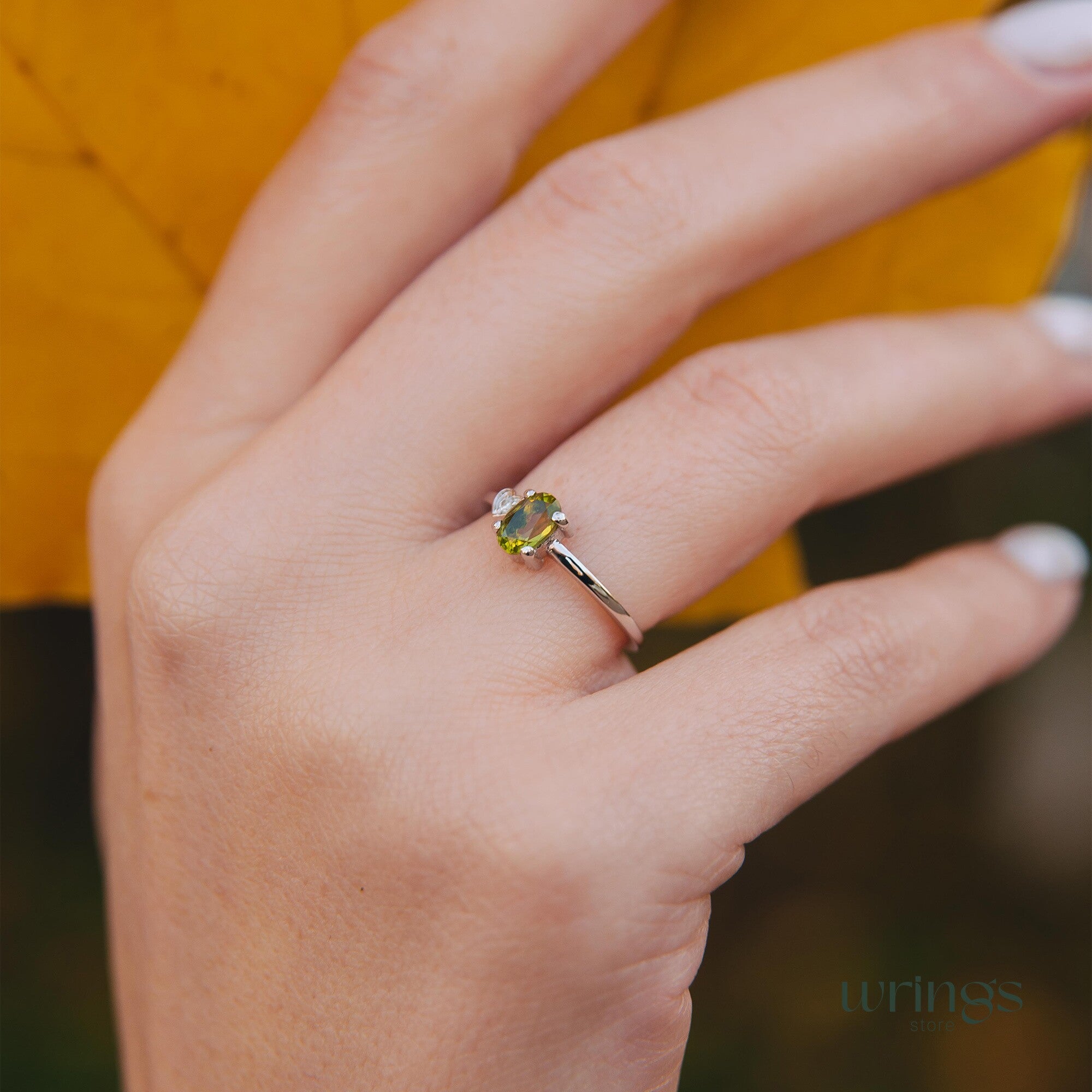 Peridot & CZ Heart Silver Engagement Ring