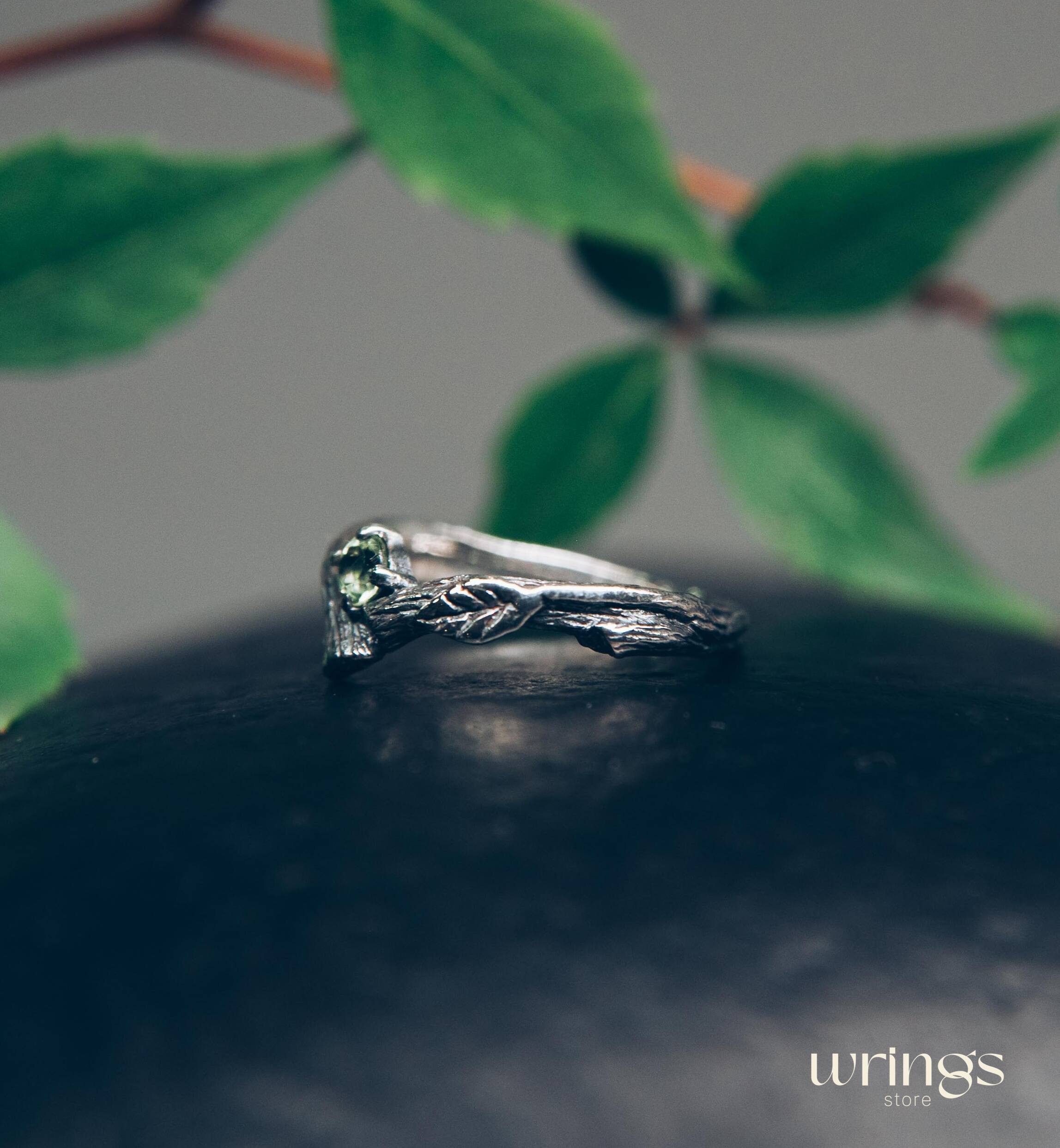 Twig Engagement Ring with Leaves — Peridot Tiny Ring