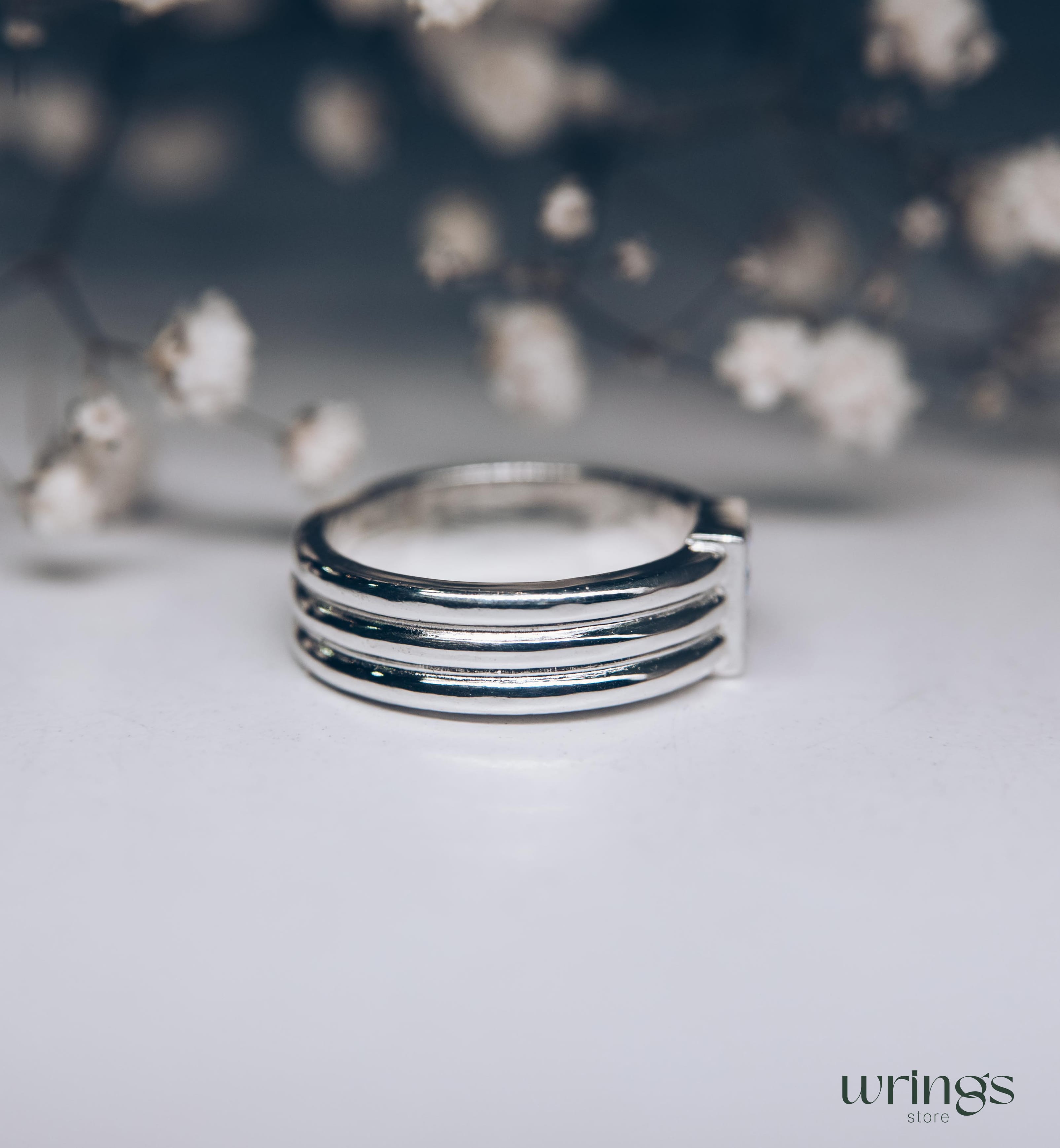 Thick Silver Wedding Band with Natural Blue Sapphires
