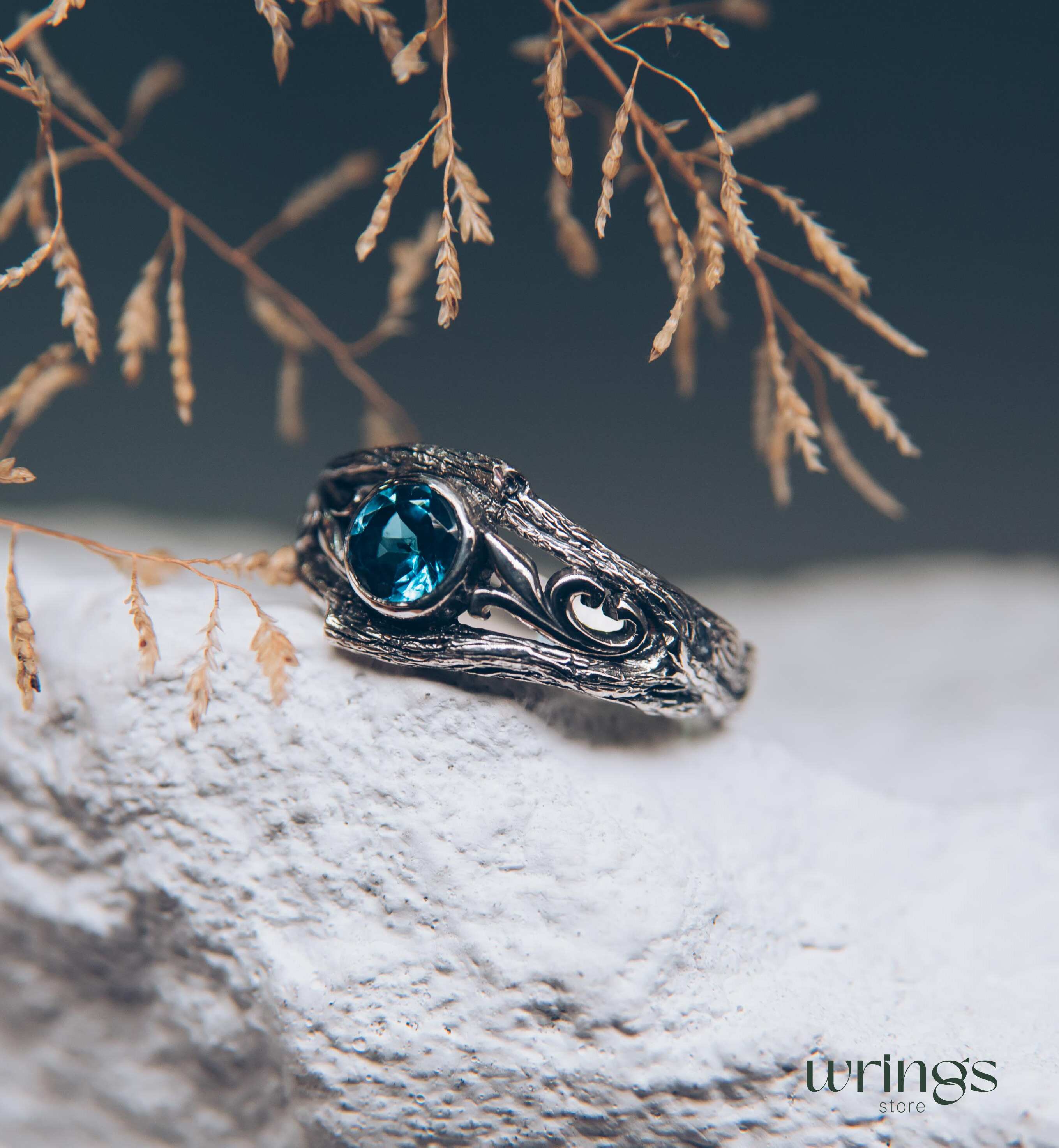 Bezel London blue Topaz with Vine and Branch Engagement Ring