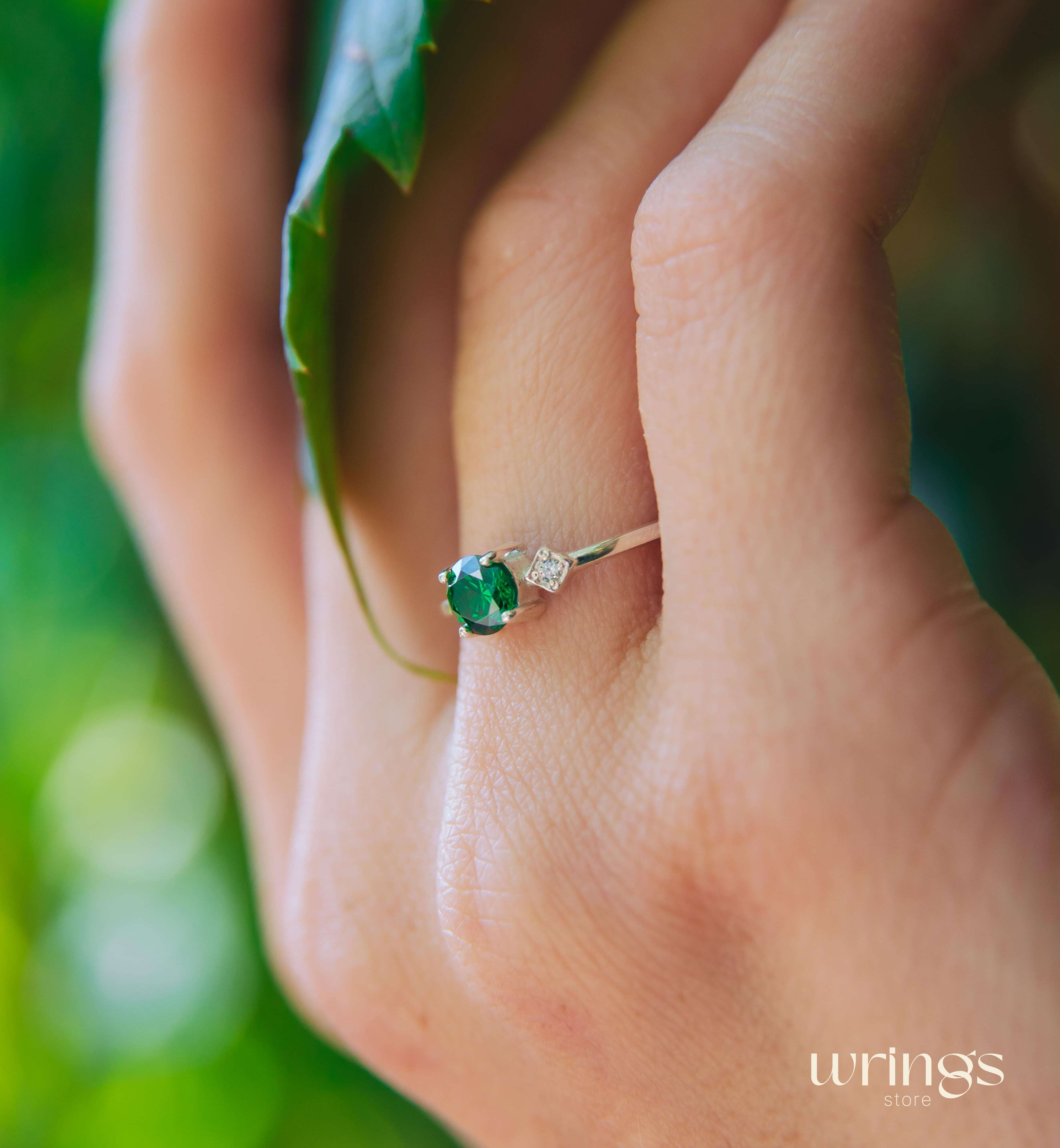 Central Custom Green Stone Silver Ring with White Side Stone