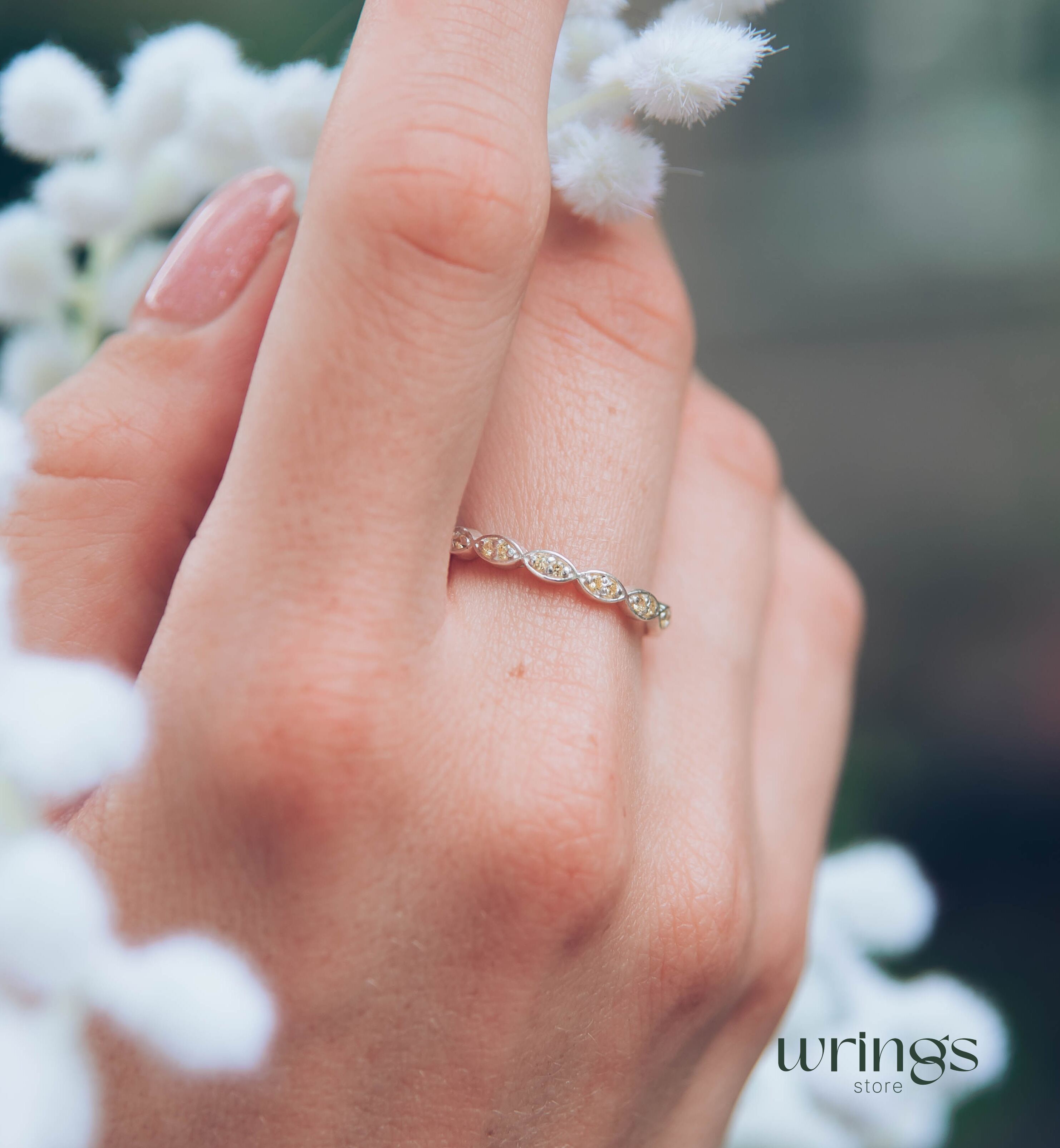 Silver Beaded Band Multiple Yellow Citrine Promise Ring