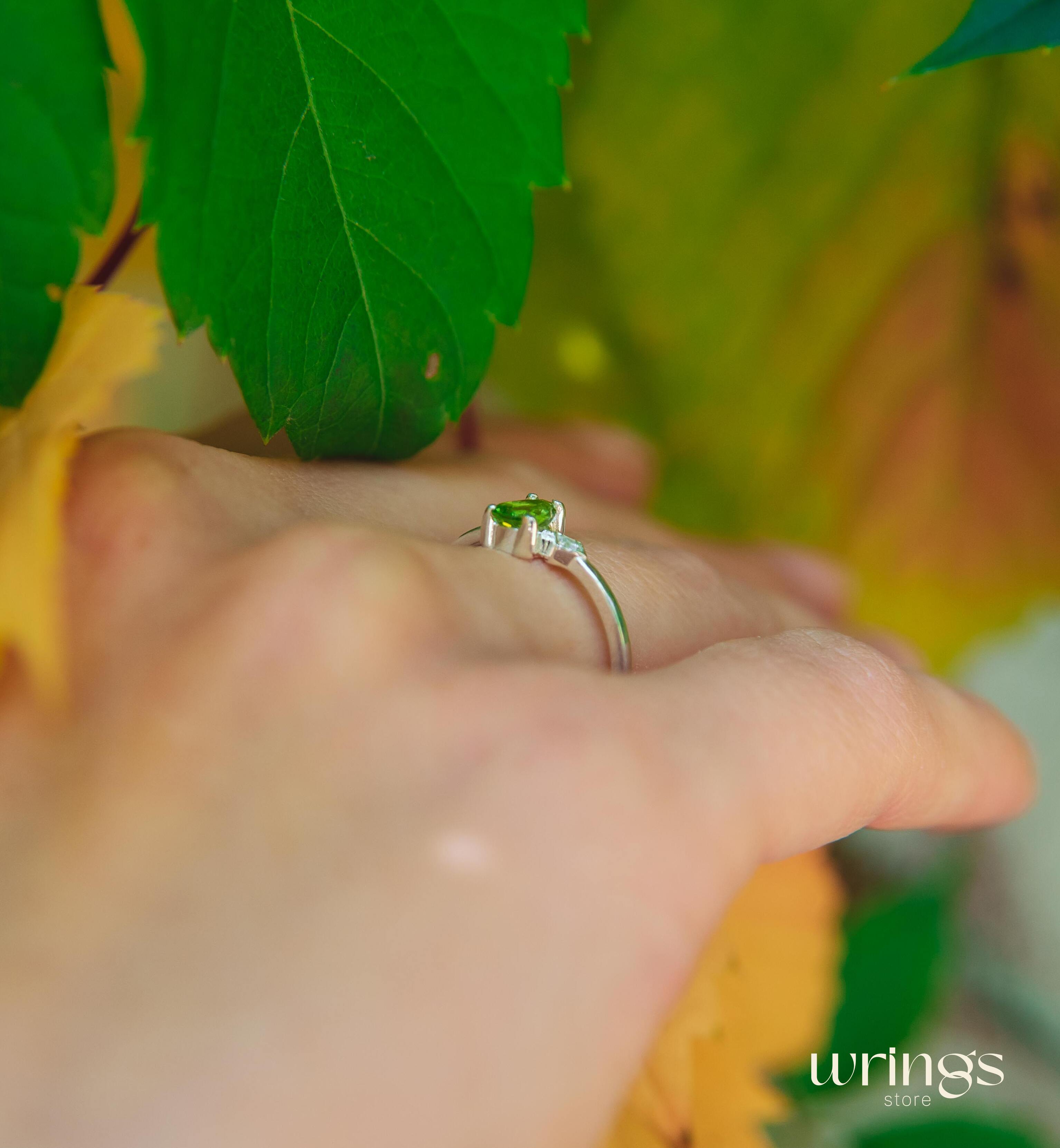 Pear Peridot Engagement Ring Silver Side White Stone CZ