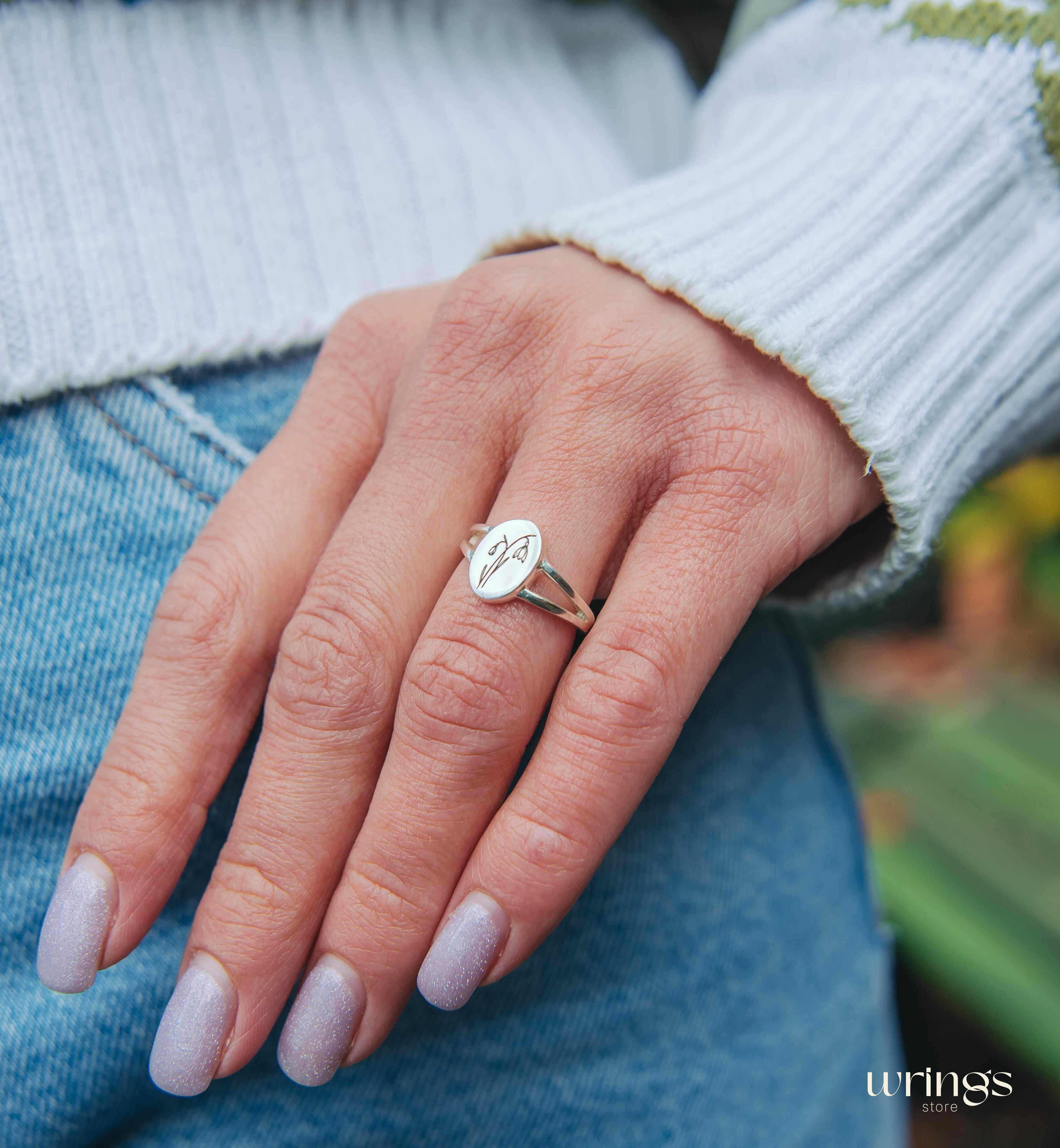 Snowdrop January Birthflower Ring Signet Silver Split Band