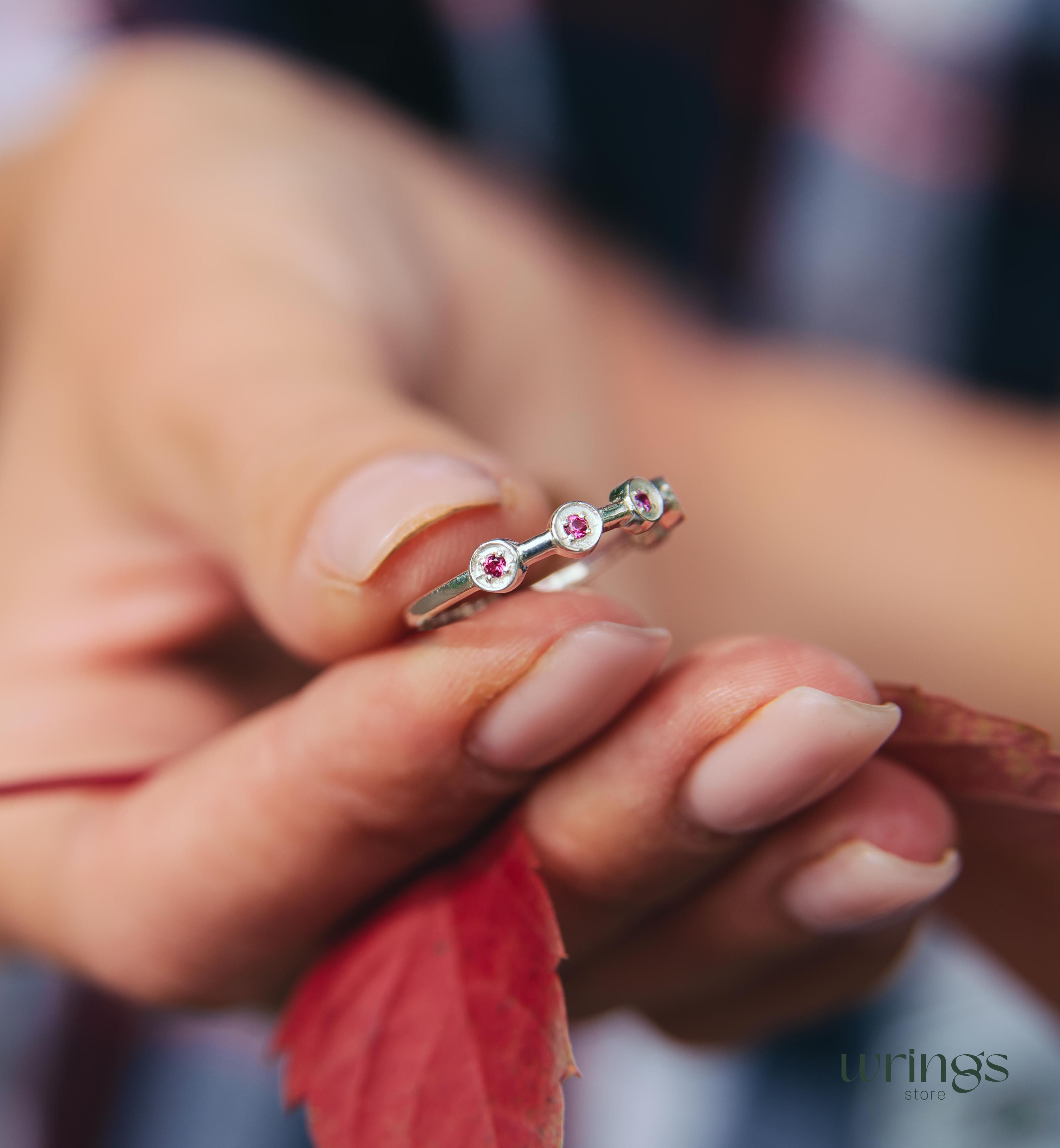 Dainty Rubies in 5 Small Dots Stackable Ring Silver