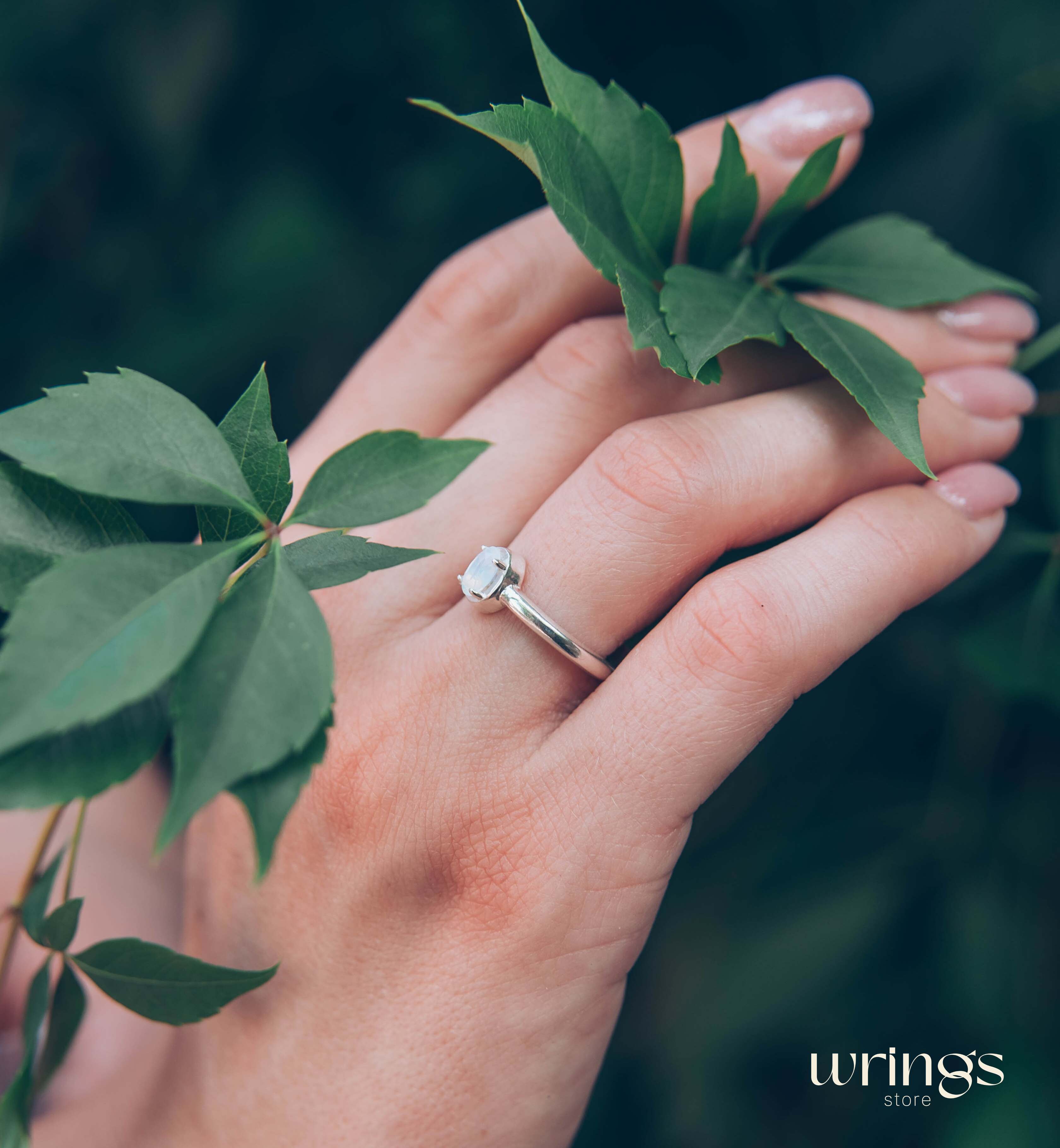 Vertical Oval Moonstone Simple Silver Engagement Ring