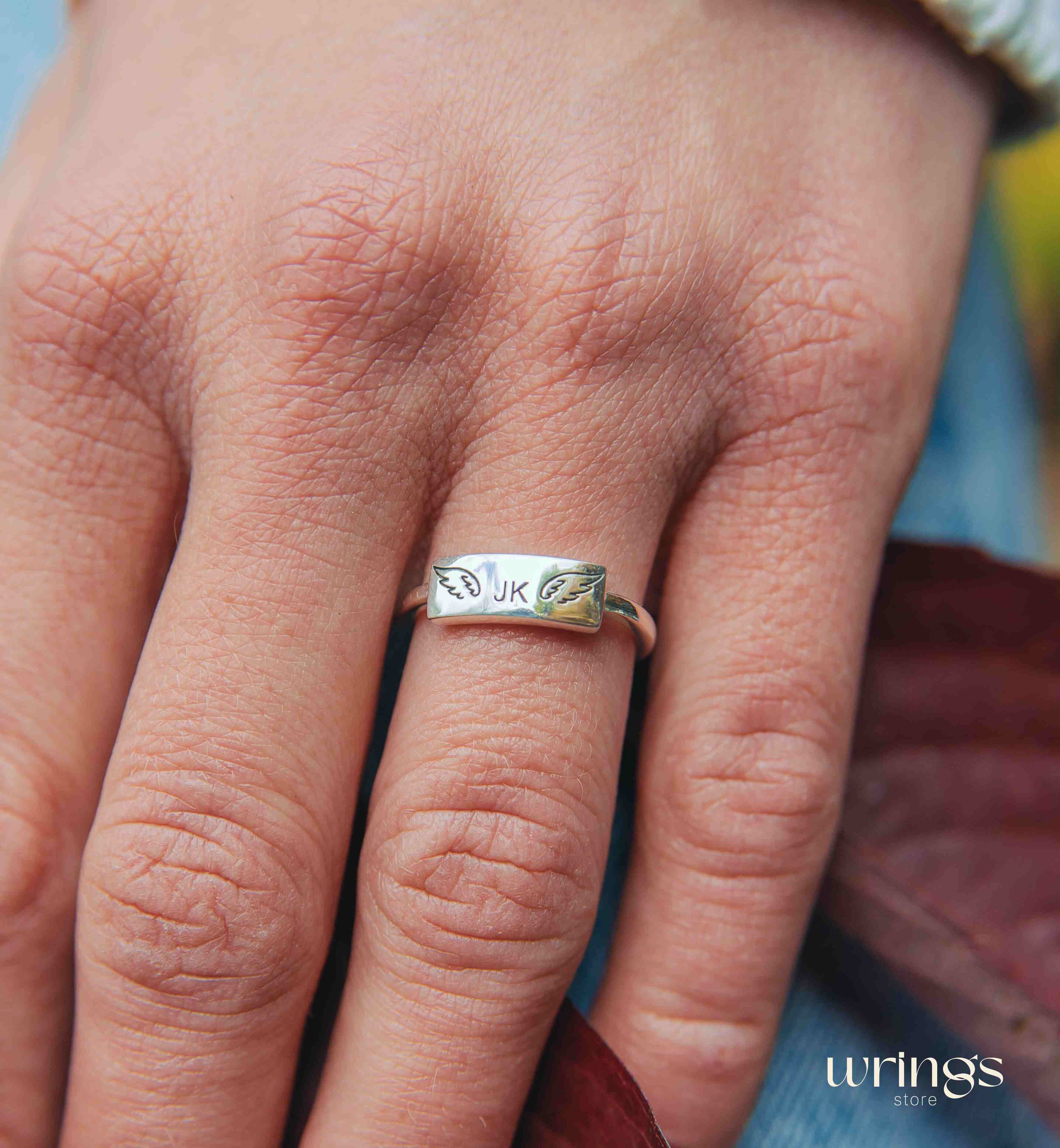 Silver Flat Top Initial Ring Engraved Wings & Lettets