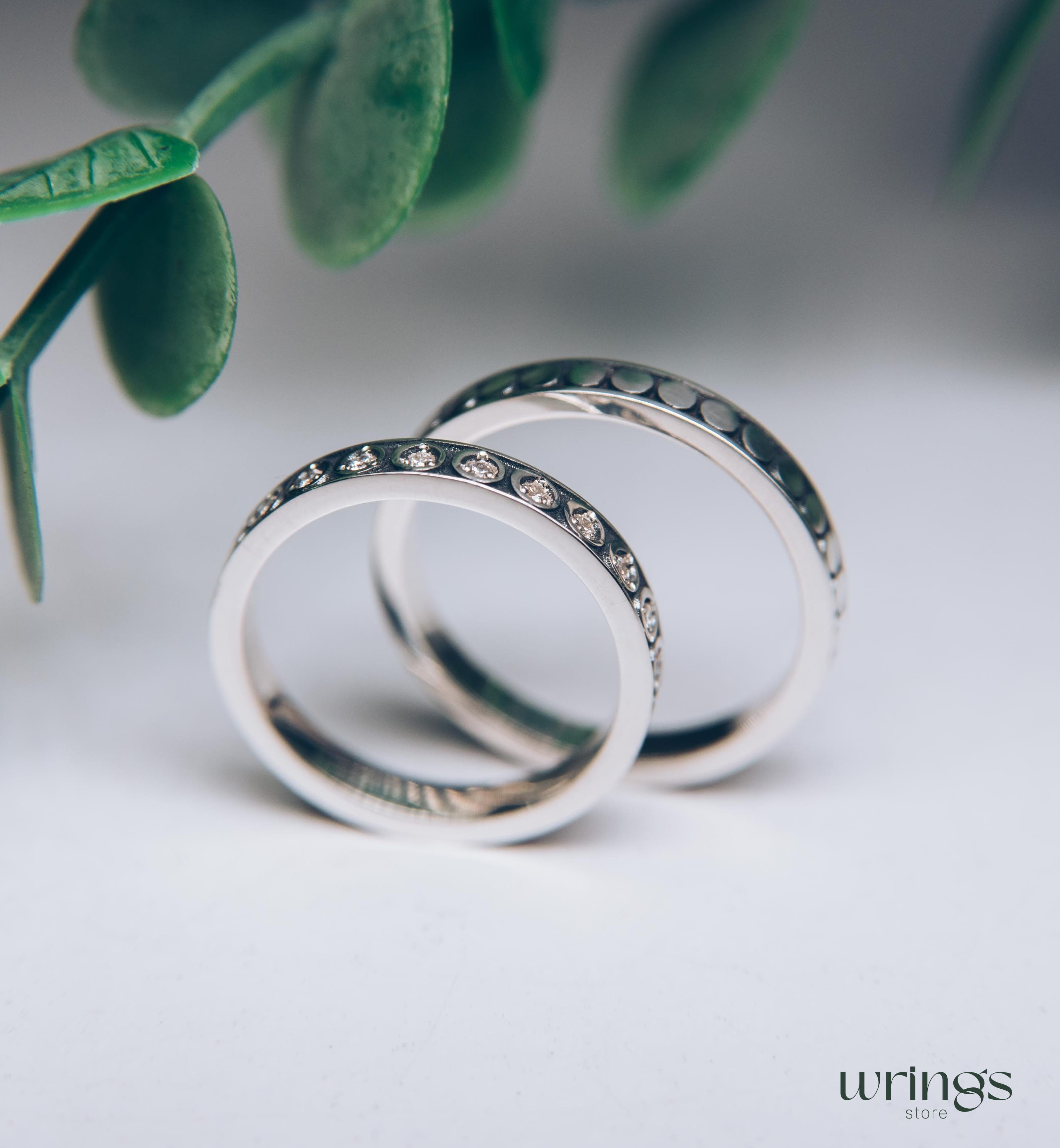 Minimalist Silver Wedding Bands Set Eternity Gemstones